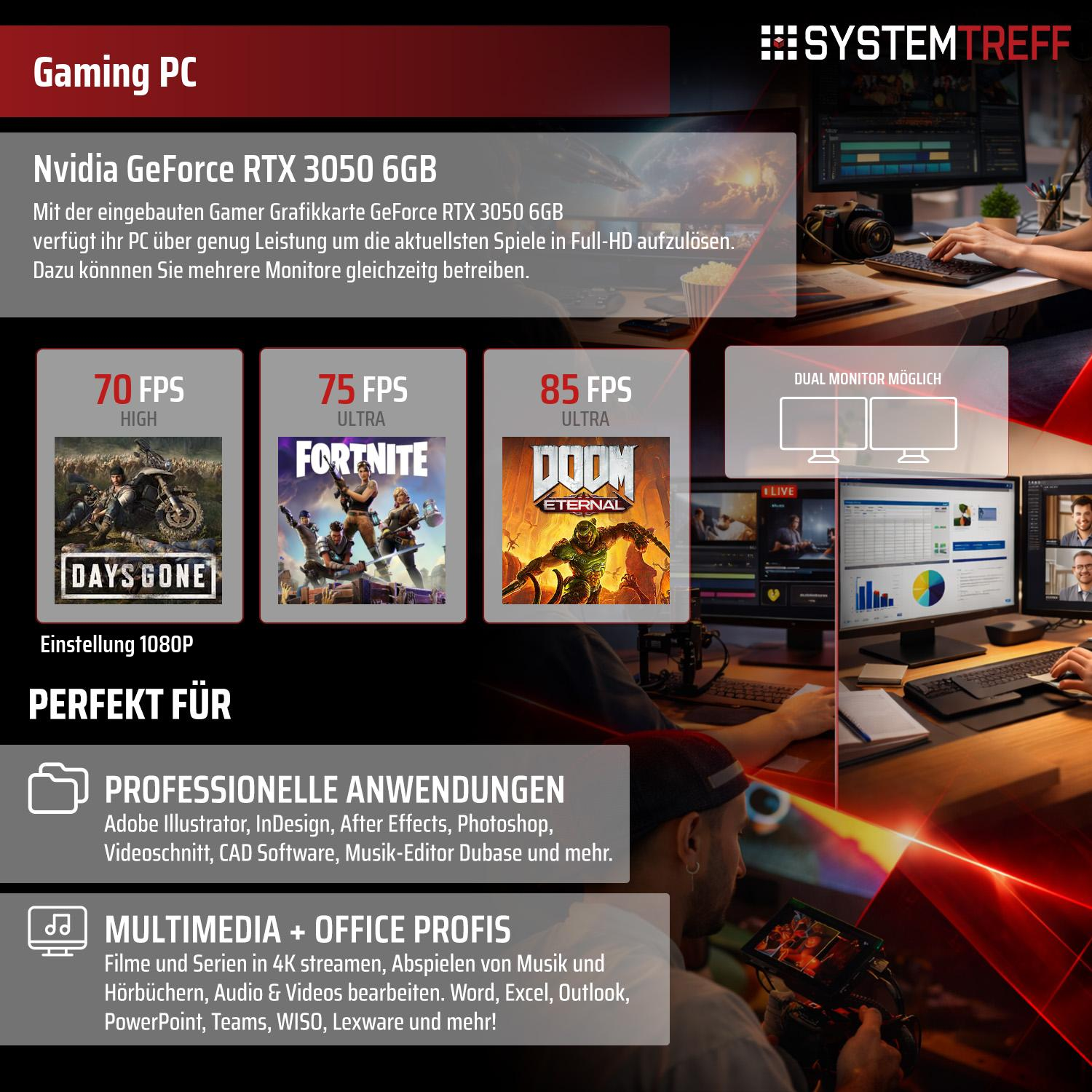 Gaming PC mit Nvidia GeForce RTX 3050 6GB, zeigt Spiele-FPS und Anwendungsbereiche.