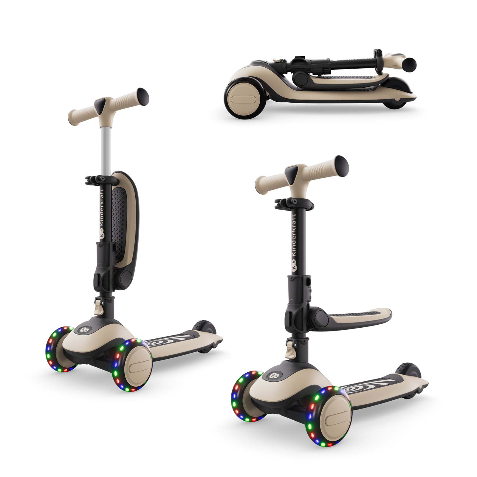 Beiger Roller mit drei Rädern, die Lichter haben. Ein zusammengeklappter Roller ist oben.