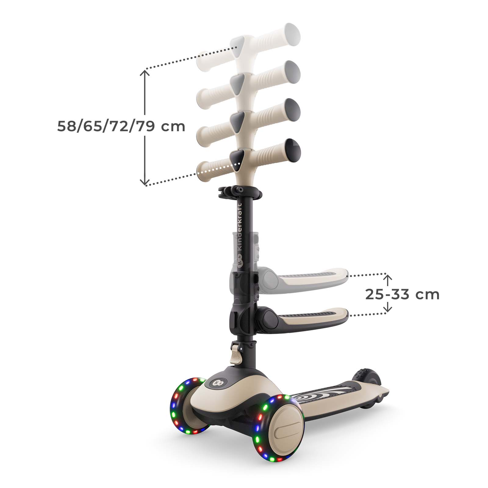 Ein beige-farbener Roller mit verstellbarem Lenker und Sitz, beleuchteten Rädern.