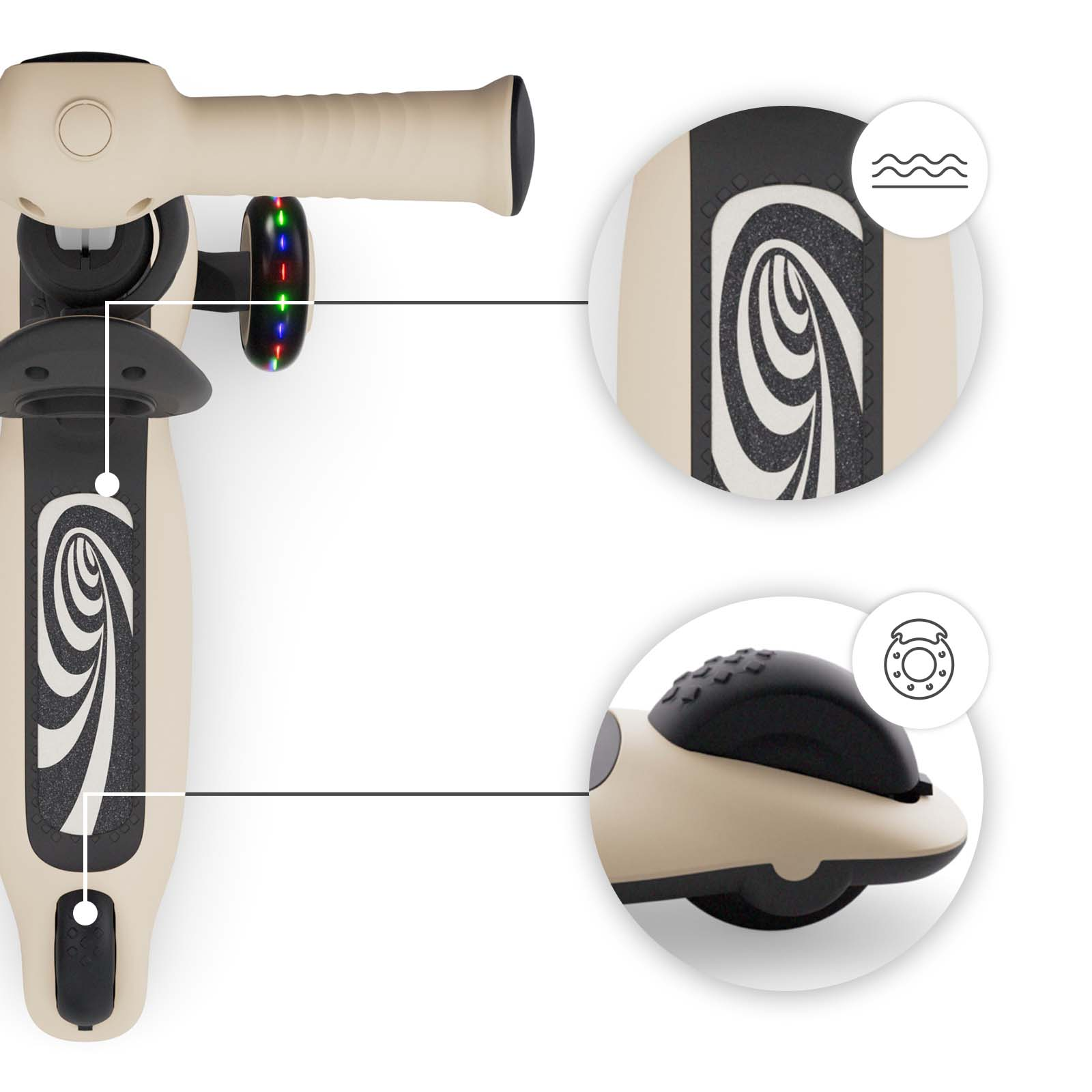 Ein beiger Roller mit schwarzem Griff, bunten Lichtern und Spiralmuster auf dem Trittbrett.