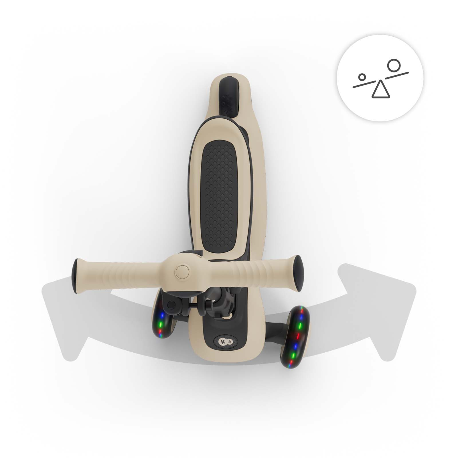 Ein beigefarbener Roller mit leuchtenden Rädern und einem Gleichgewichtssymbol.