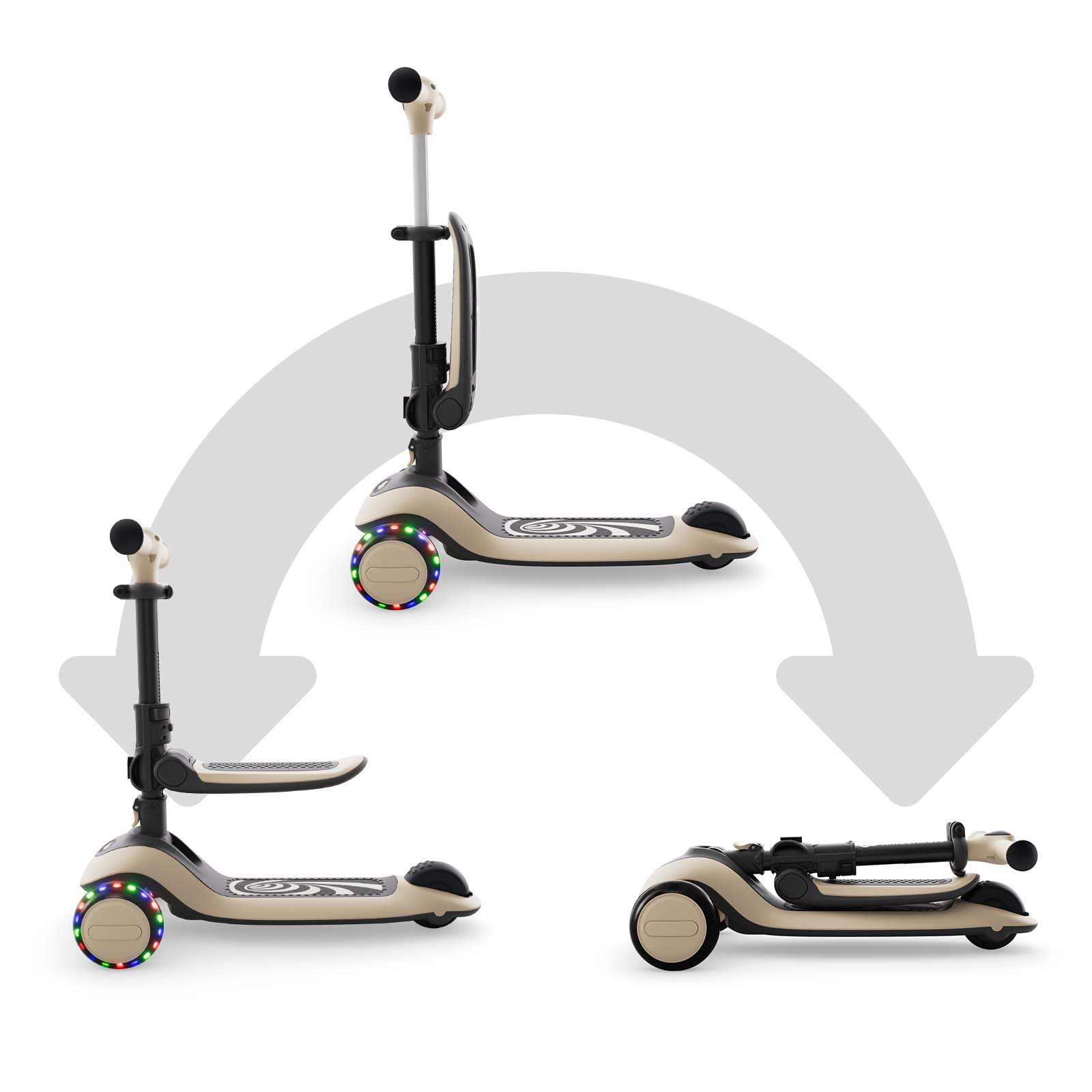 Ein beiger Roller mit Lichtern, der sich zusammenklappen lässt.