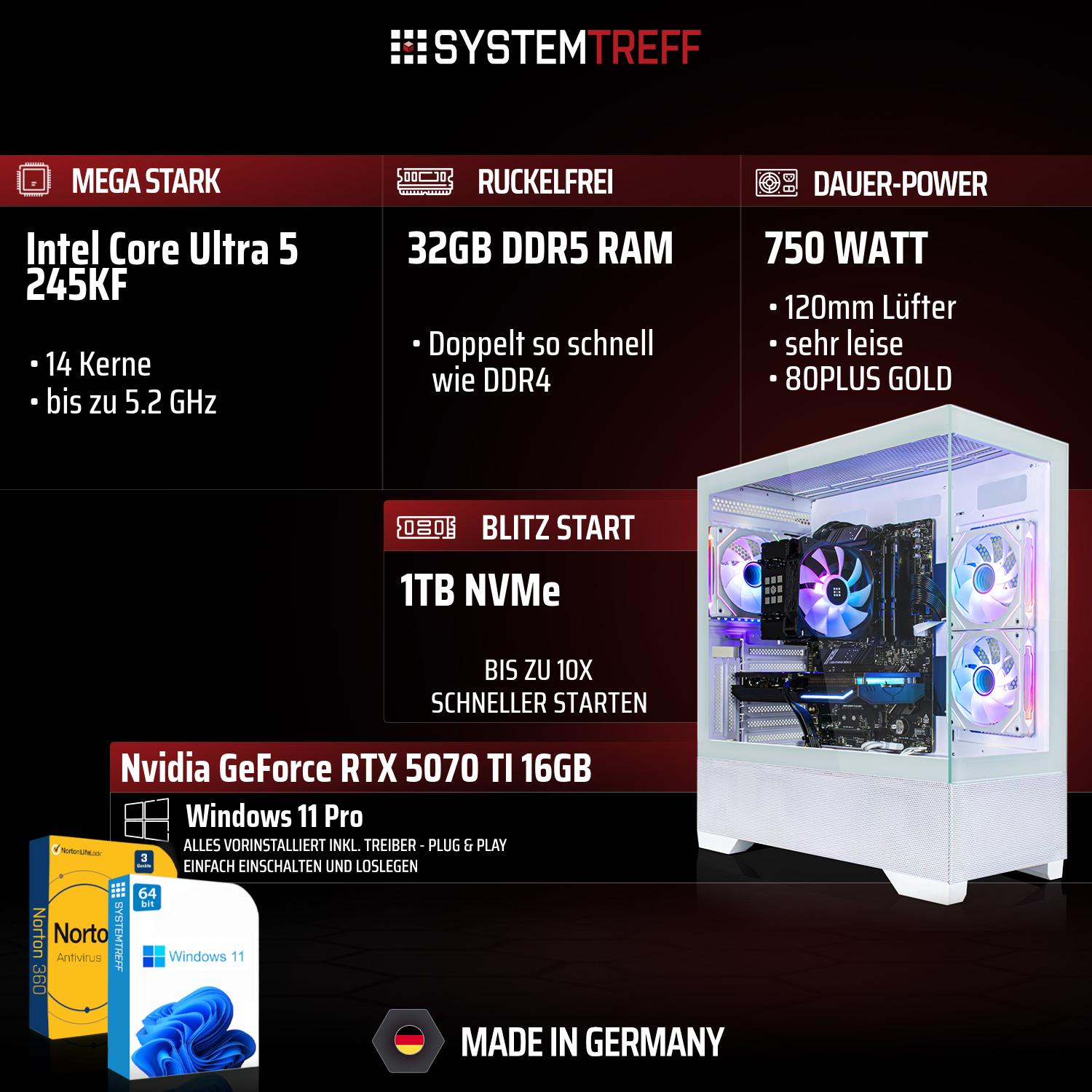 PC mit Intel Core Ultra 5, 32GB DDR5 RAM, 750W Netzteil, 1TB NVMe SSD, RTX 5070 Ti.