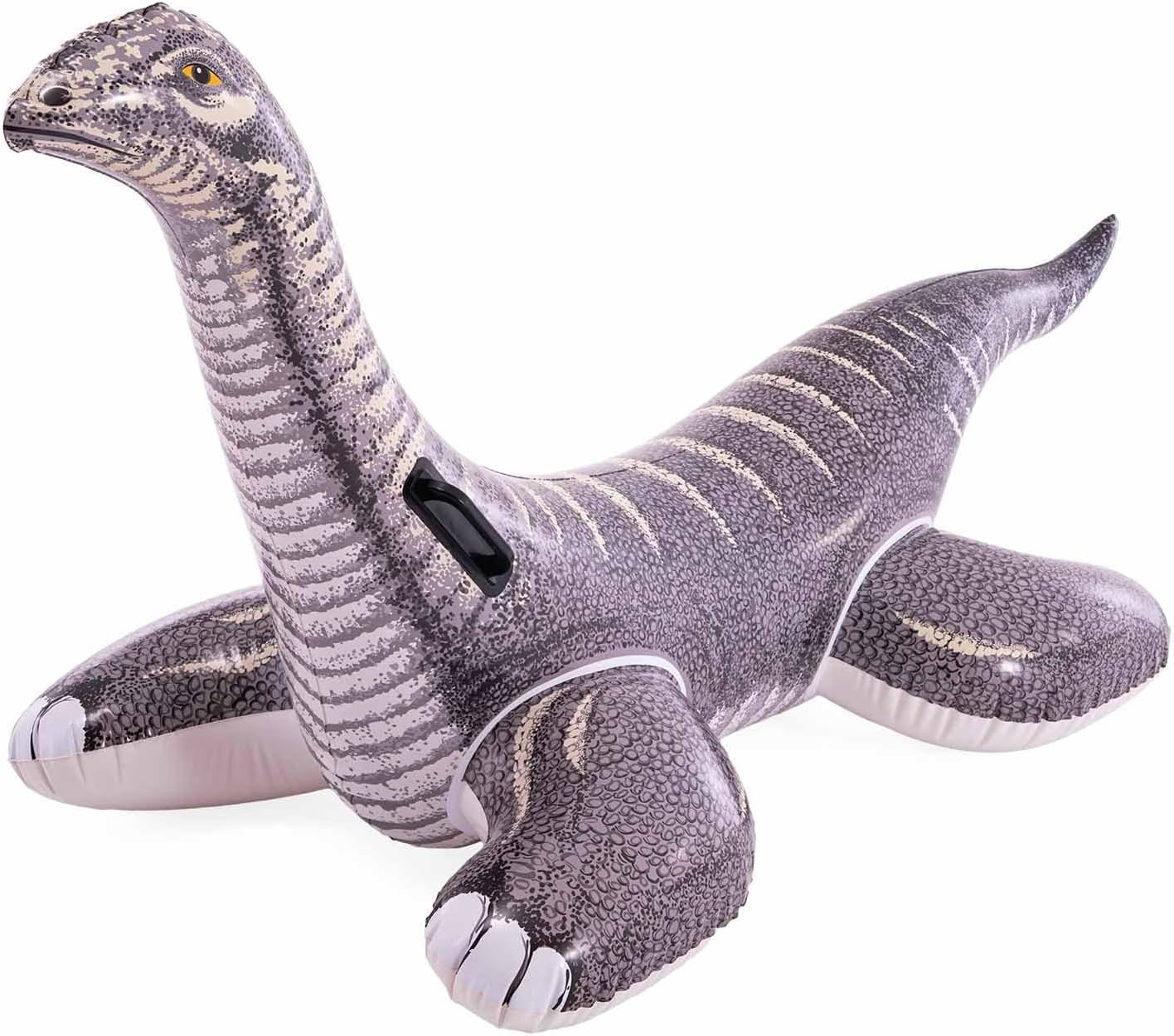 Aufblasbares graues Dinosaurier-Spielzeug mit gelben Augen und weißen Krallen.