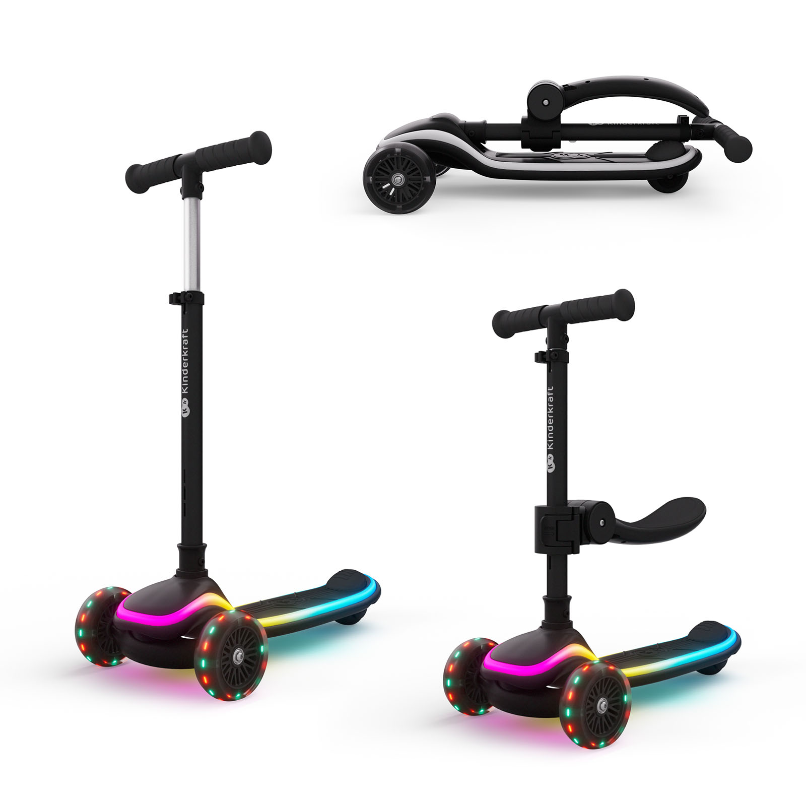 Drei schwarze Roller mit bunten LED-Rädern auf weißem Hintergrund.