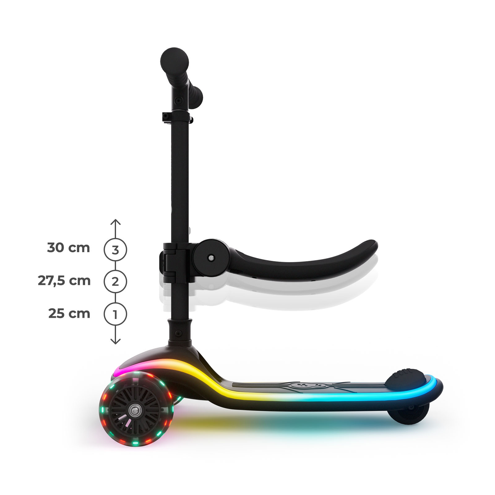 Ein schwarzer dreirädriger Roller mit bunten LED-Lichtern an den Rädern und am Rand.