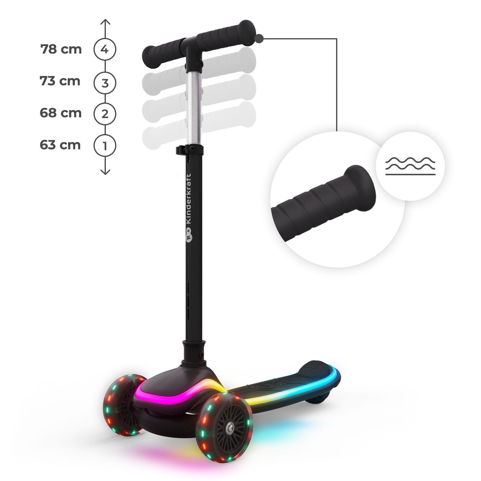 Ein schwarzer Roller mit LED-Lichtern an den Rädern und am Brett.
