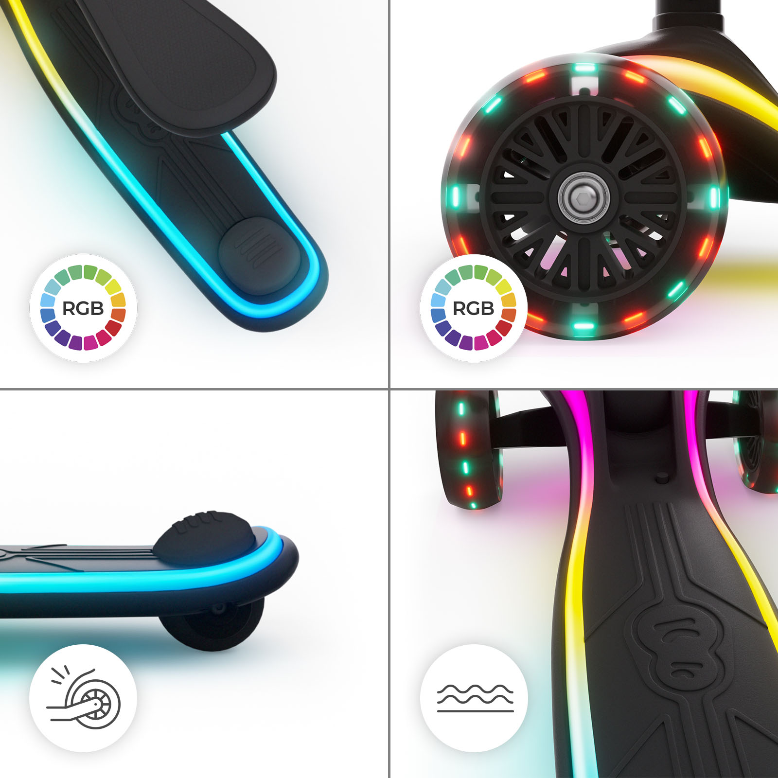 Ein schwarzer Roller mit bunten RGB-LEDs an Rädern und Trittbrett.