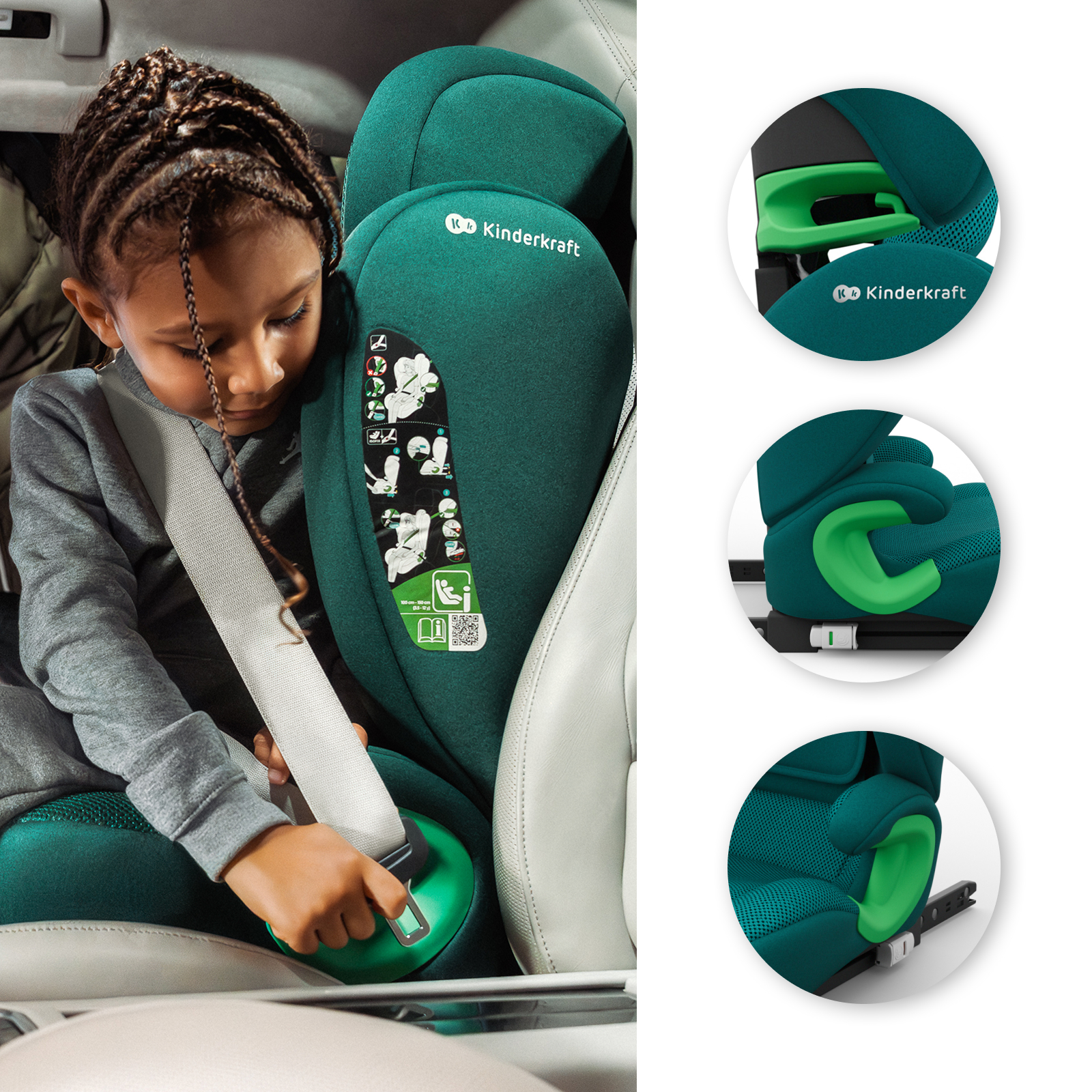 Kind im grünen Autositz mit Gurt. Detailansichten des Sitzes.
