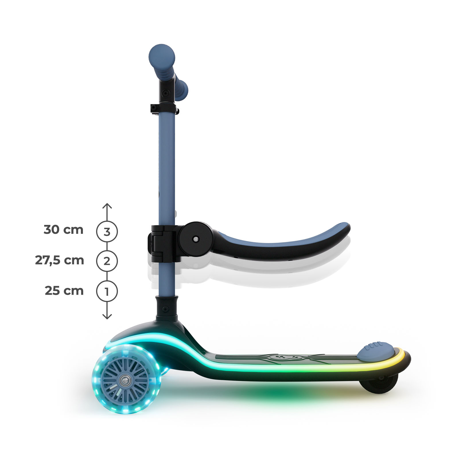 Ein blauer Kinderscooter mit drei Rädern und Lichtern.