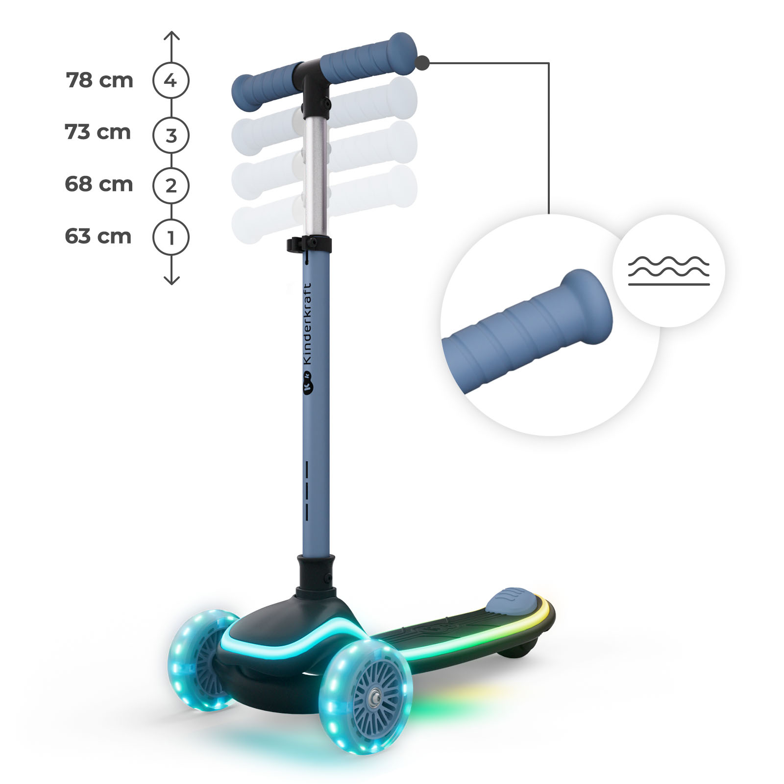 Ein blauer Dreirad-Roller mit LED-Beleuchtung an Rädern und Deck. Verstellbarer Lenker.