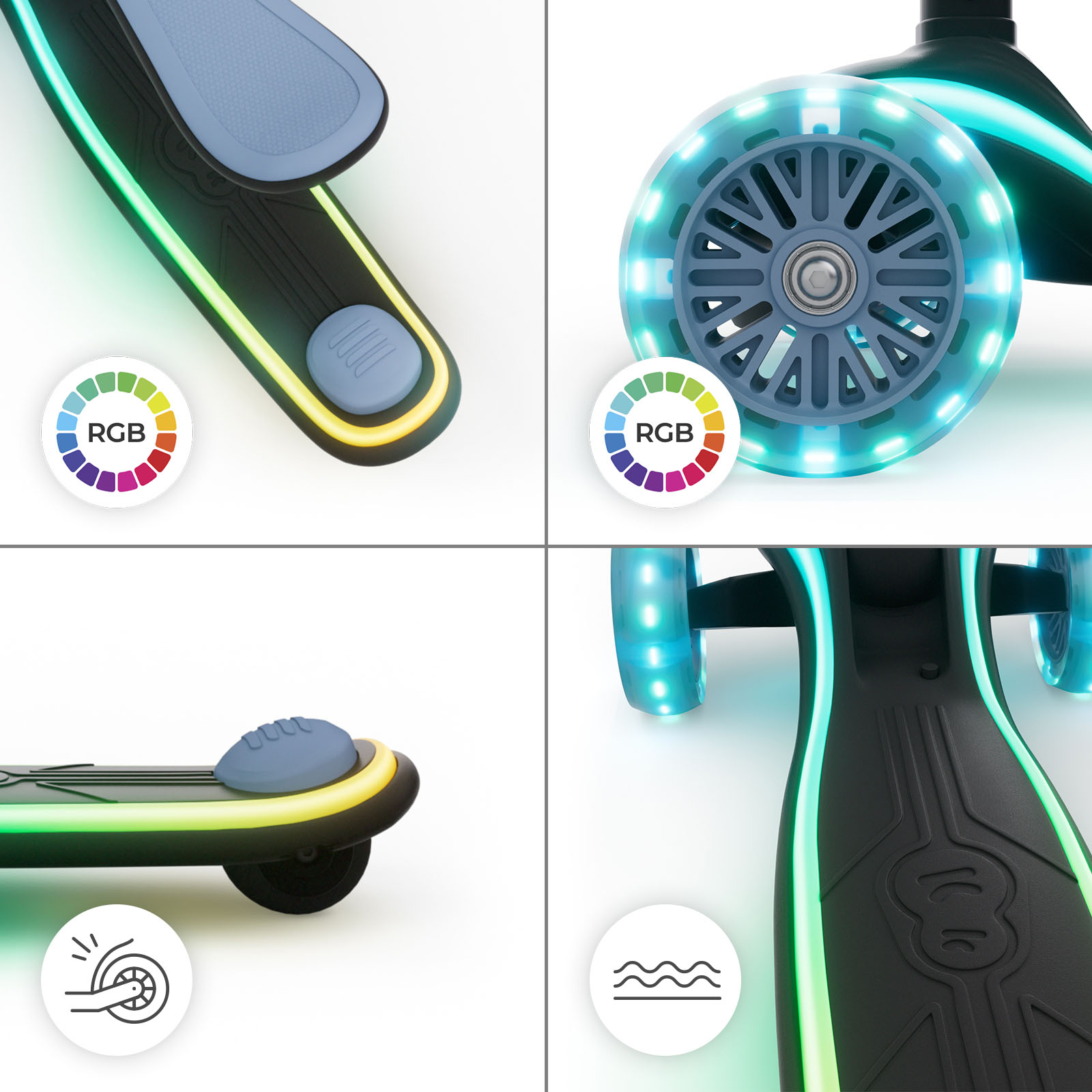 Vier Collagen mit Nahaufnahmen eines Rollers mit beleuchteten Rädern und RGB-Symbolen.