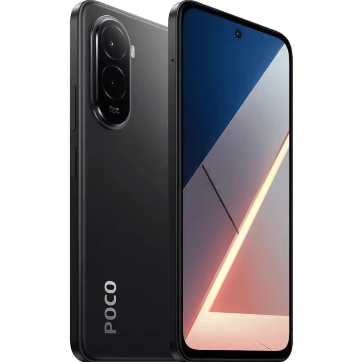 Ein schwarzes Poco Smartphone mit drei Kameras auf der Rückseite.