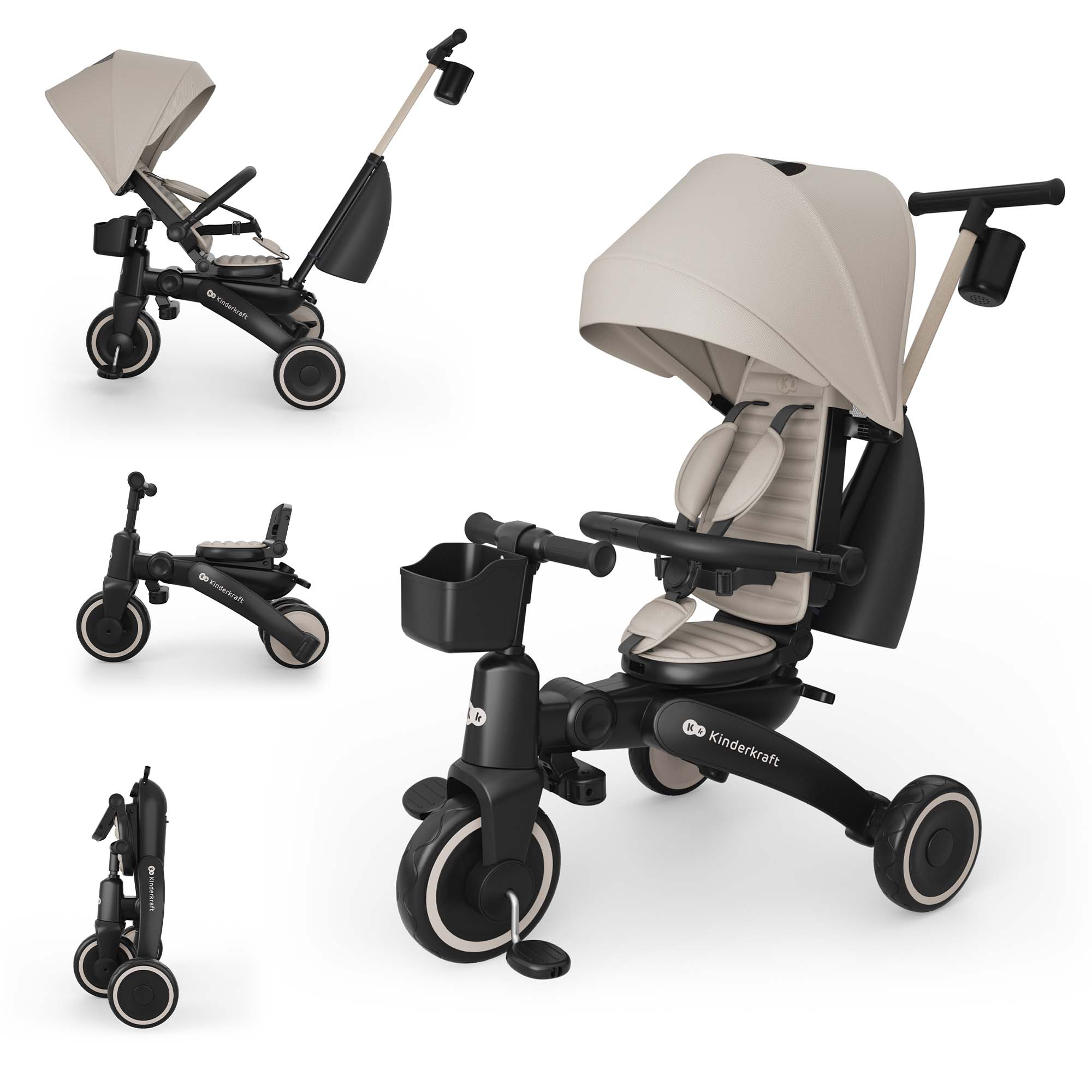 Triciclo infantil beige con marco, capota y cestas negras.