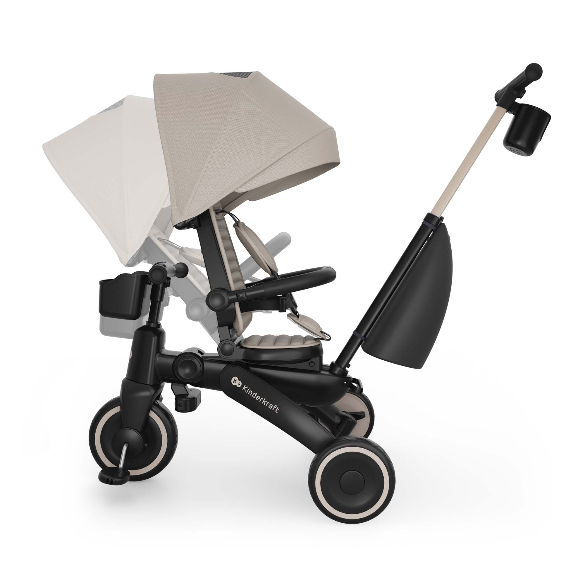 Triciclo beige con marco negro, manillar y portavasos.