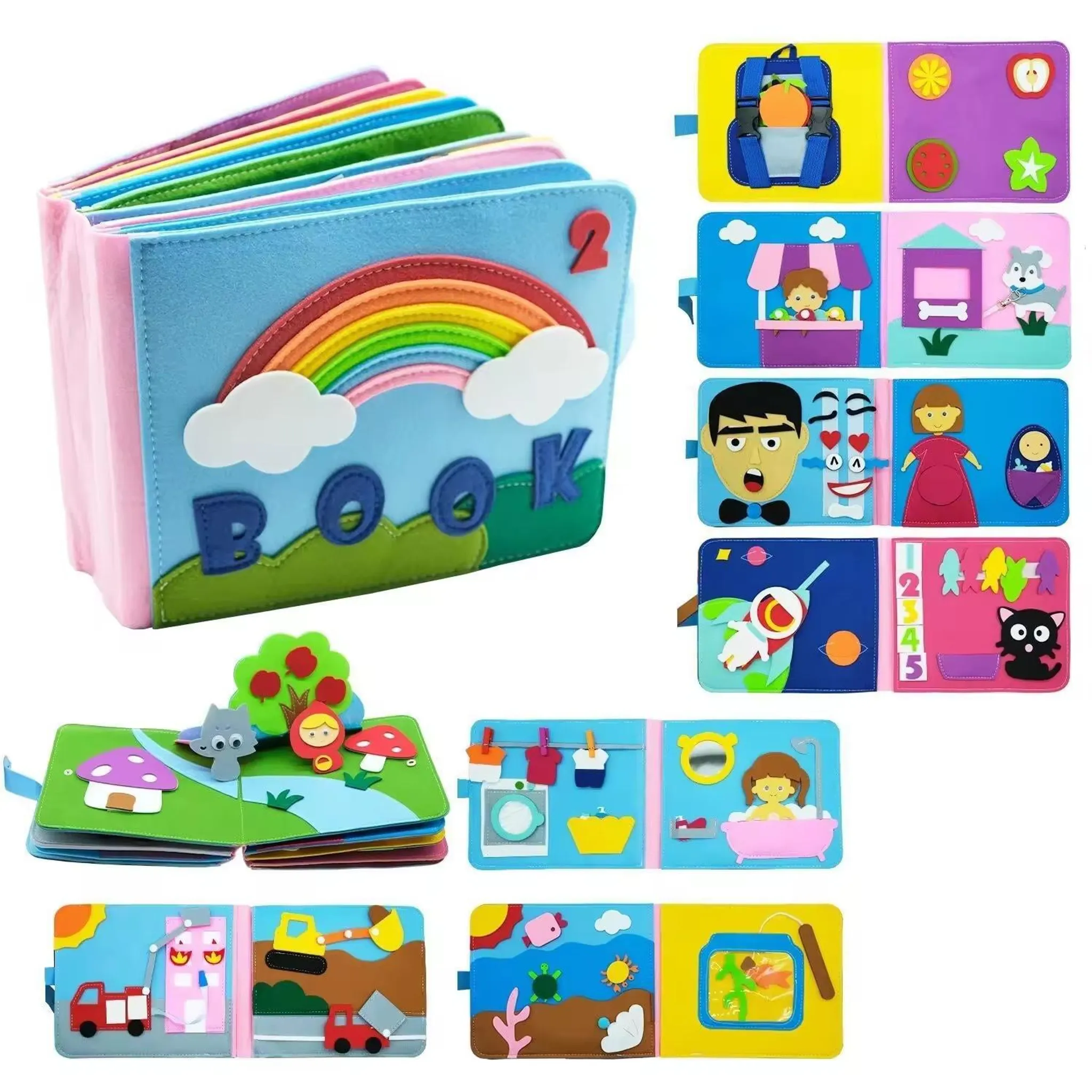 Ein buntes Filzbuch mit Regenbogen, Zahlen und verschiedenen Szenen wie im Weltall und am Strand.