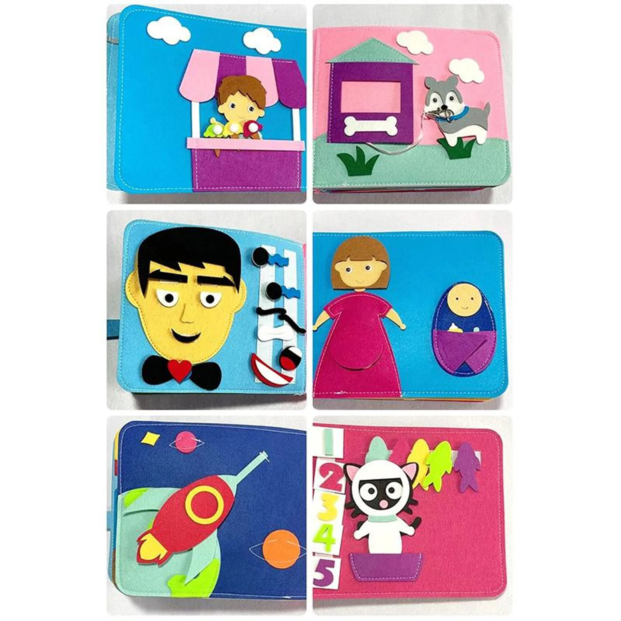 Filzbücher mit interaktiven Elementen: Junge am Stand, Hundehütte, Männergesicht, Mutter & Baby, Rakete, Katze.