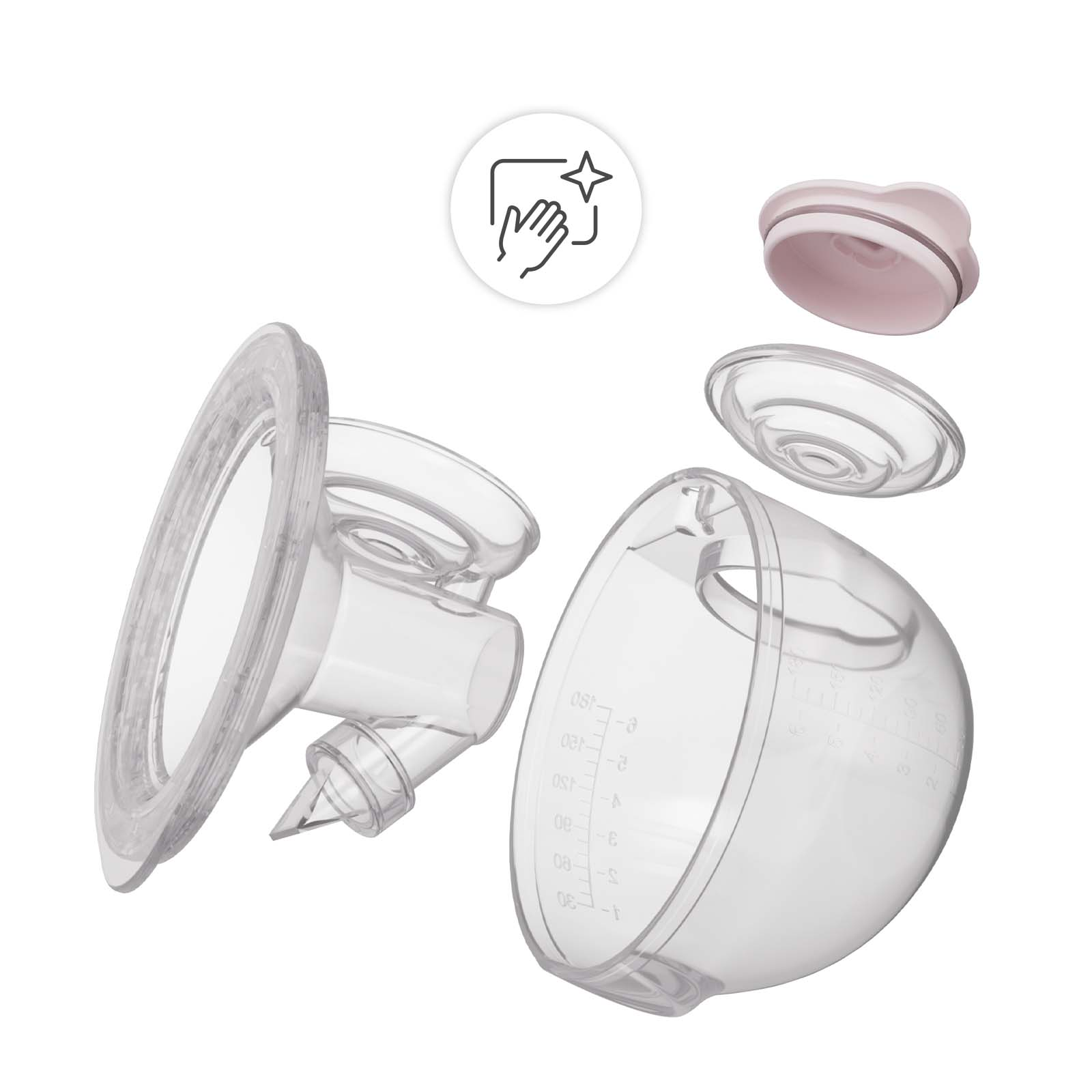 Zerlegte Milchpumpe mit Messmarkierungen und Reinigungs-Symbol.