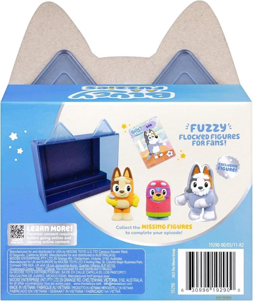 Bluey Figuren-Set mit Aufbewahrungsbox, Spielzeug und Sammelkarte.