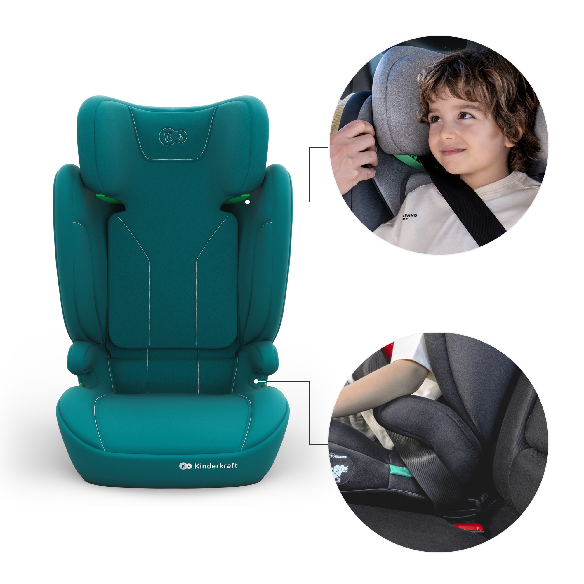Türkiser Autositz mit Clips und Nahaufnahmen eines Kindes im Sitz und Gurt.