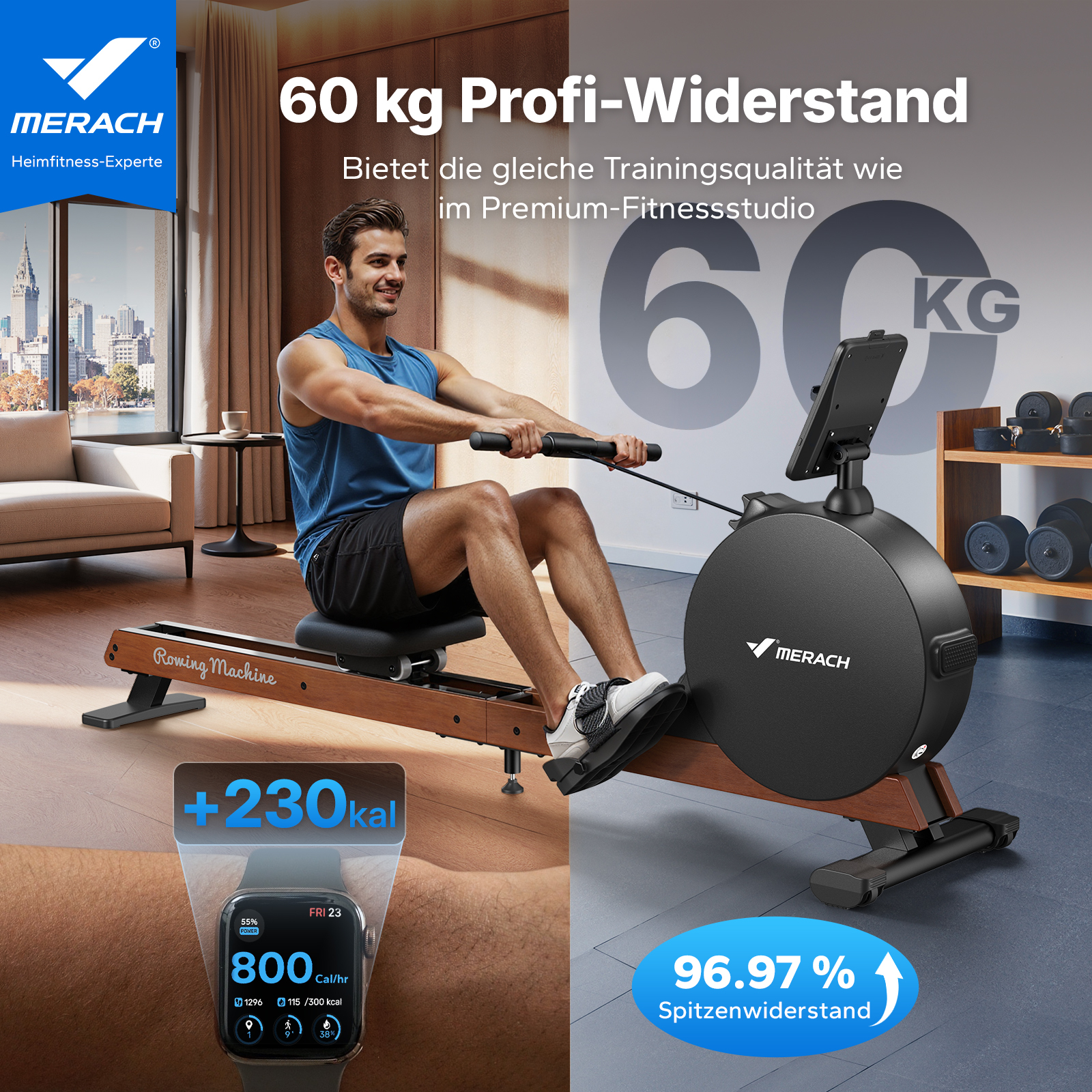 Mann trainiert auf Rudergerät, Anzeige zeigt 60kg Widerstand & 230kcal.