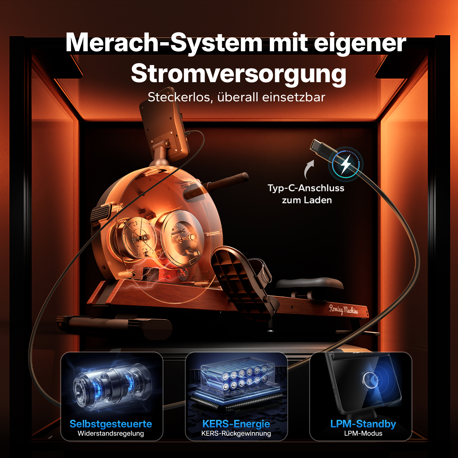 Merach-Rudergerät mit eigener Stromversorgung, Typ-C-Laden, KERS und LPM-Standby.