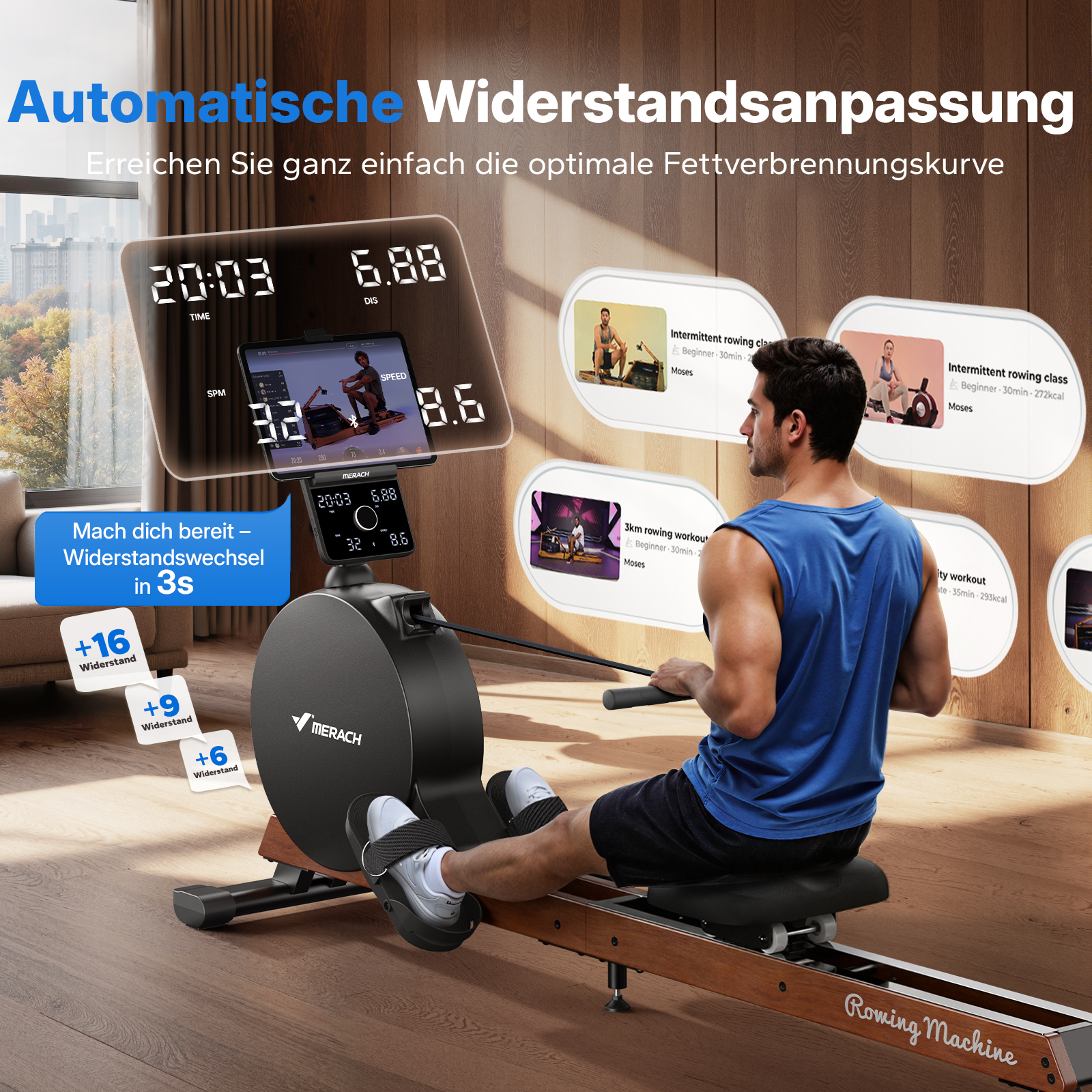 Mann auf Rudergerät, Bildschirm zeigt Zeit, Geschwindigkeit, Distanz. Trainingsoptionen angezeigt.