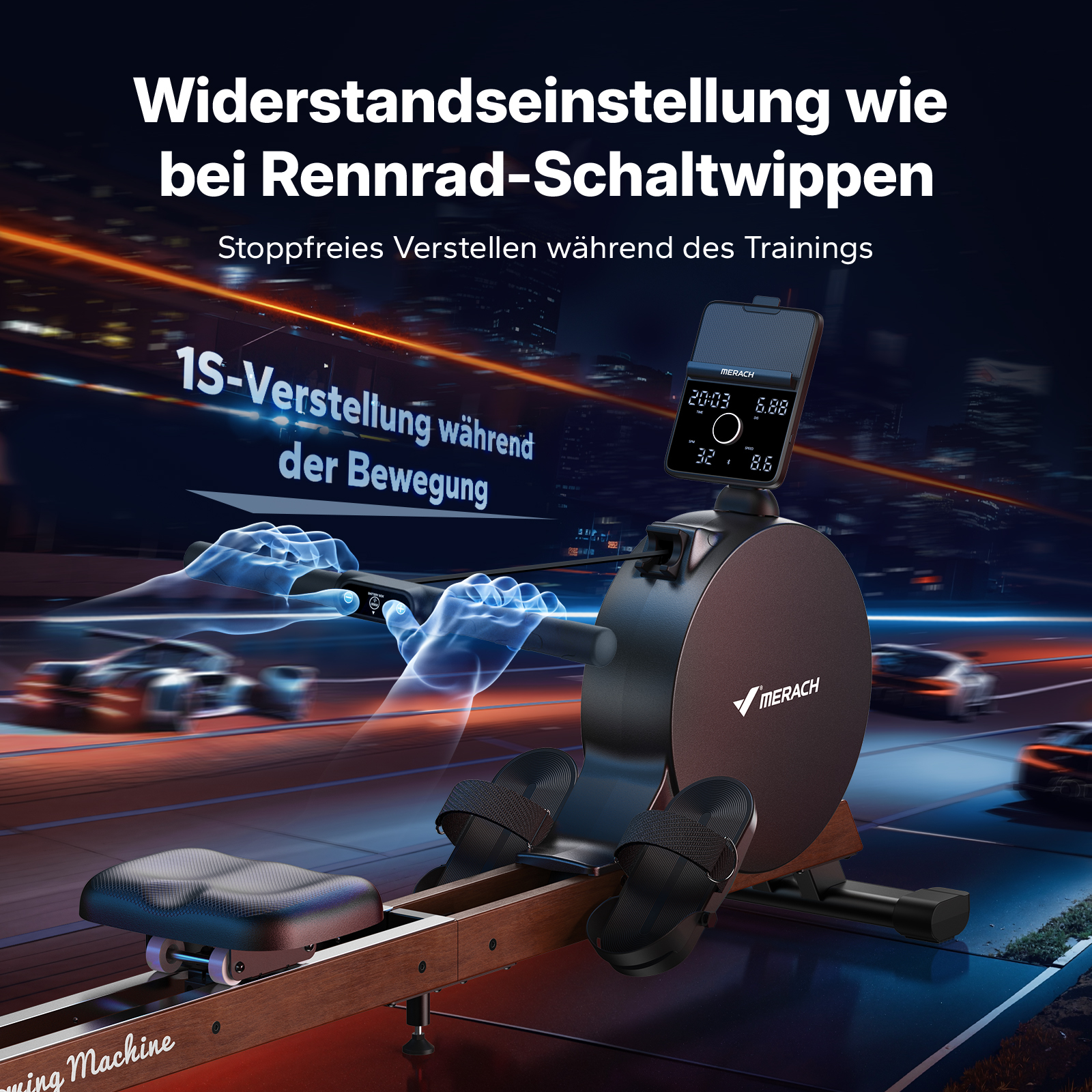 Ein Rudergerät mit Display und Füßen vor einem nächtlichen Stadthintergrund mit Autos.