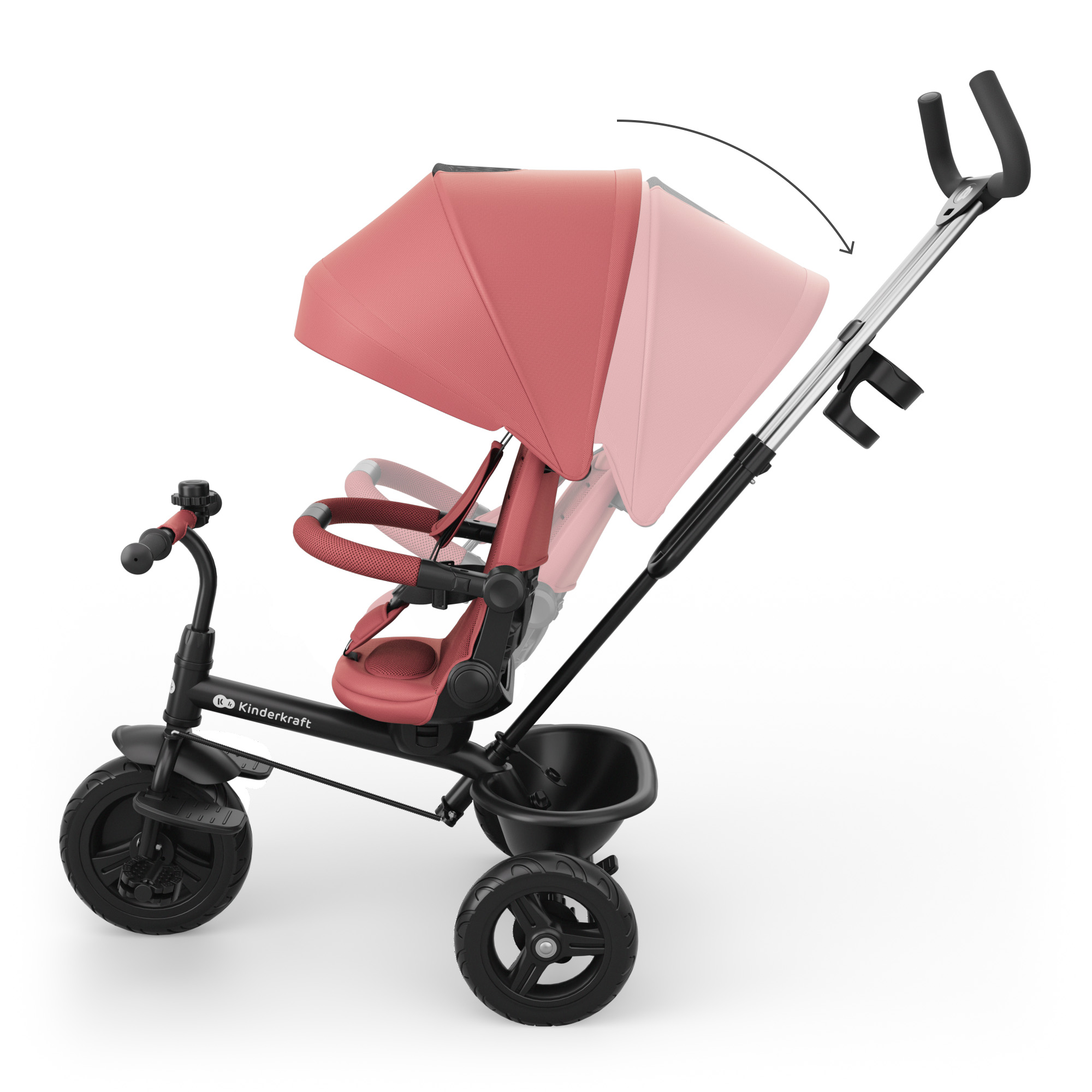 Triciclo rosa coral con marco negro, capota ajustable y cesta.