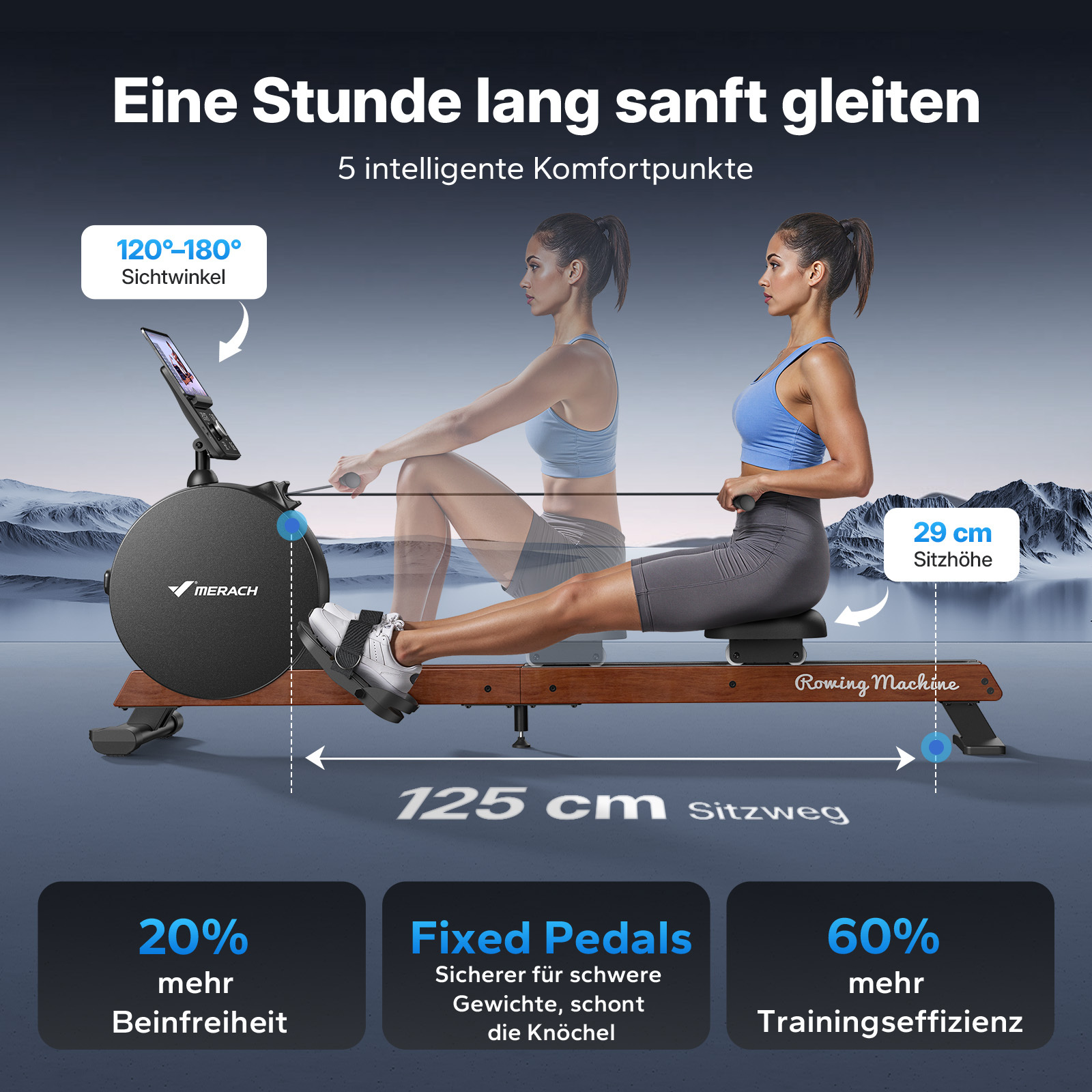 Eine Frau auf einem Rudergerät, sitzend, mit Text-Overlays über Funktionen.