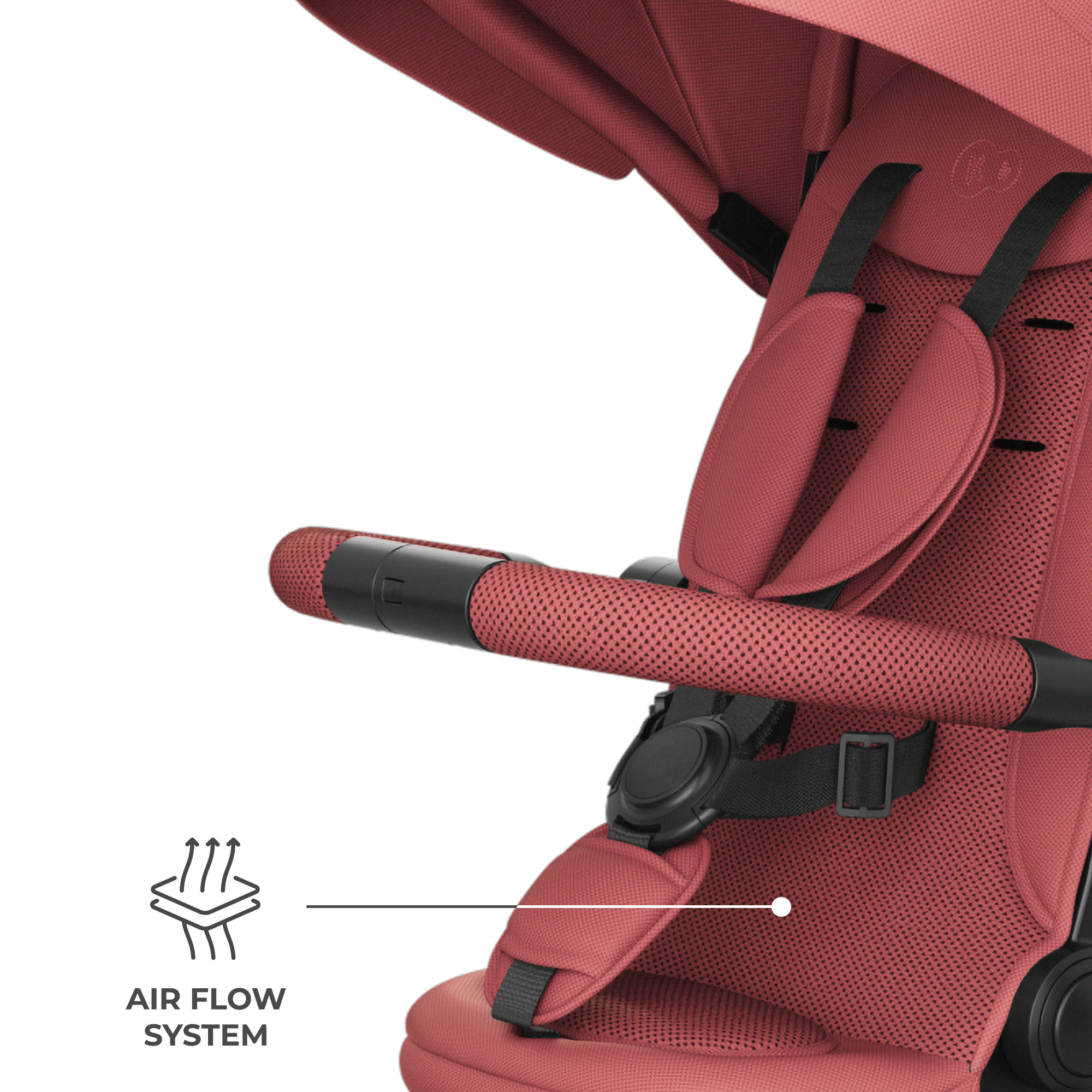 Primer plano de asiento de cochecito rojo con arnés, reposabrazos e ícono de flujo de aire.