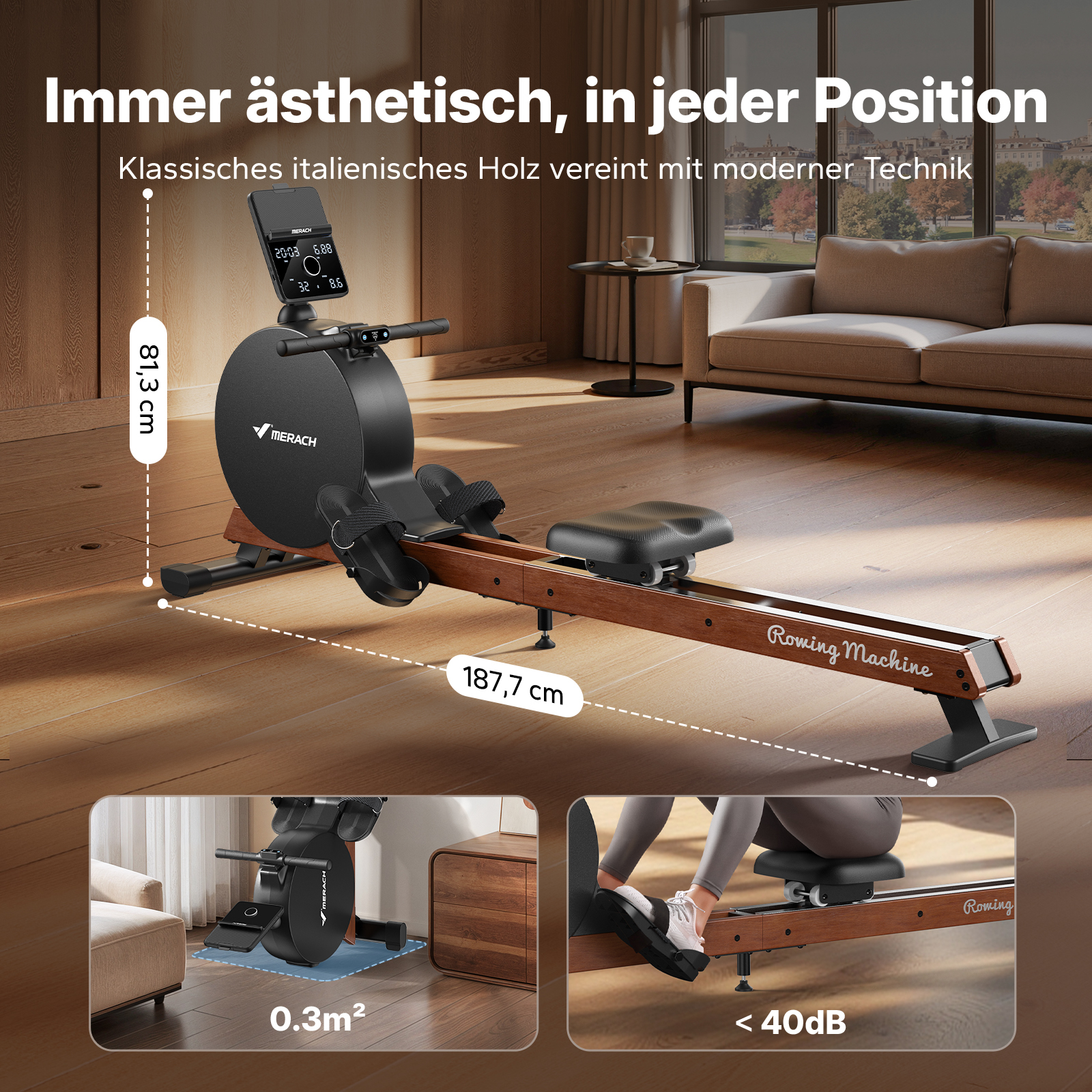 Ein Rudergerät aus Holz und Schwarz mit Display in einem Wohnzimmer.
