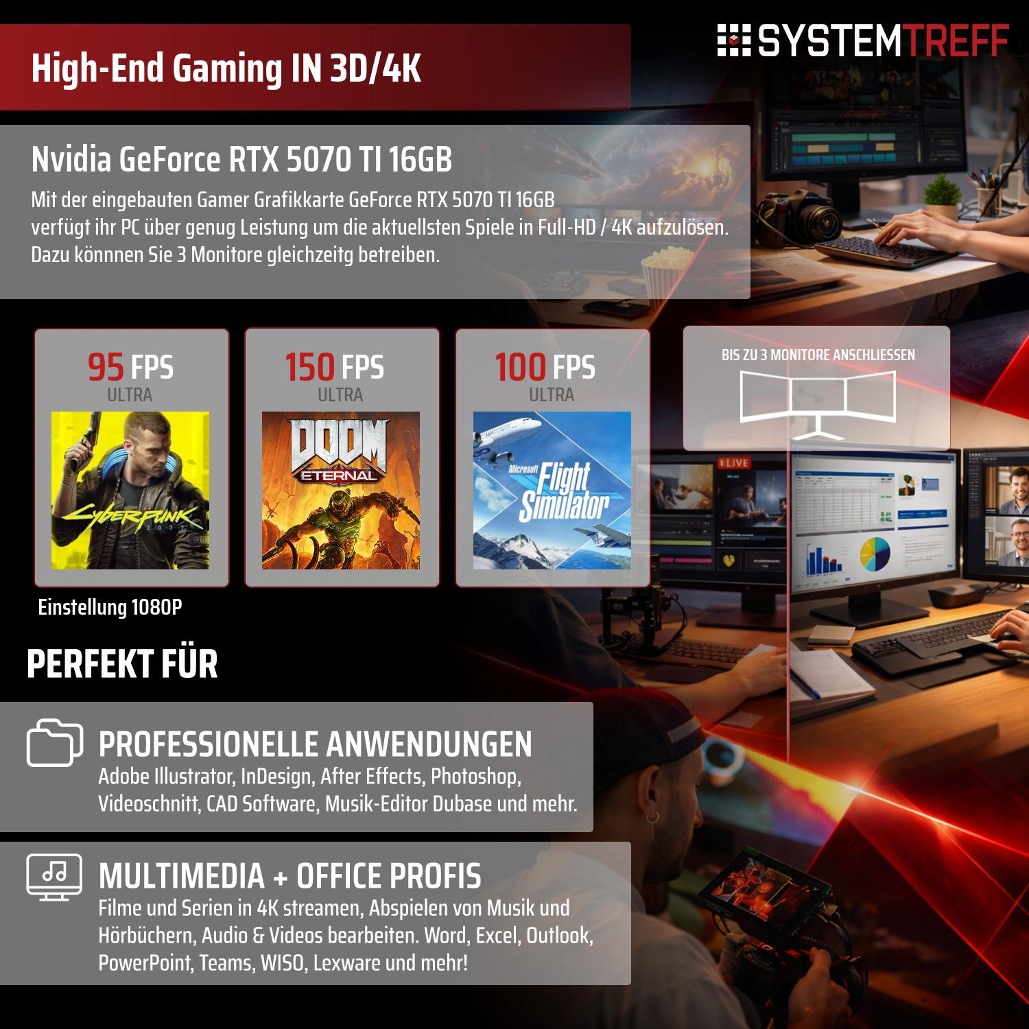 Werbung für Nvidia RTX 5070 Ti Grafikkarte für Gaming und professionelle Anwendungen.