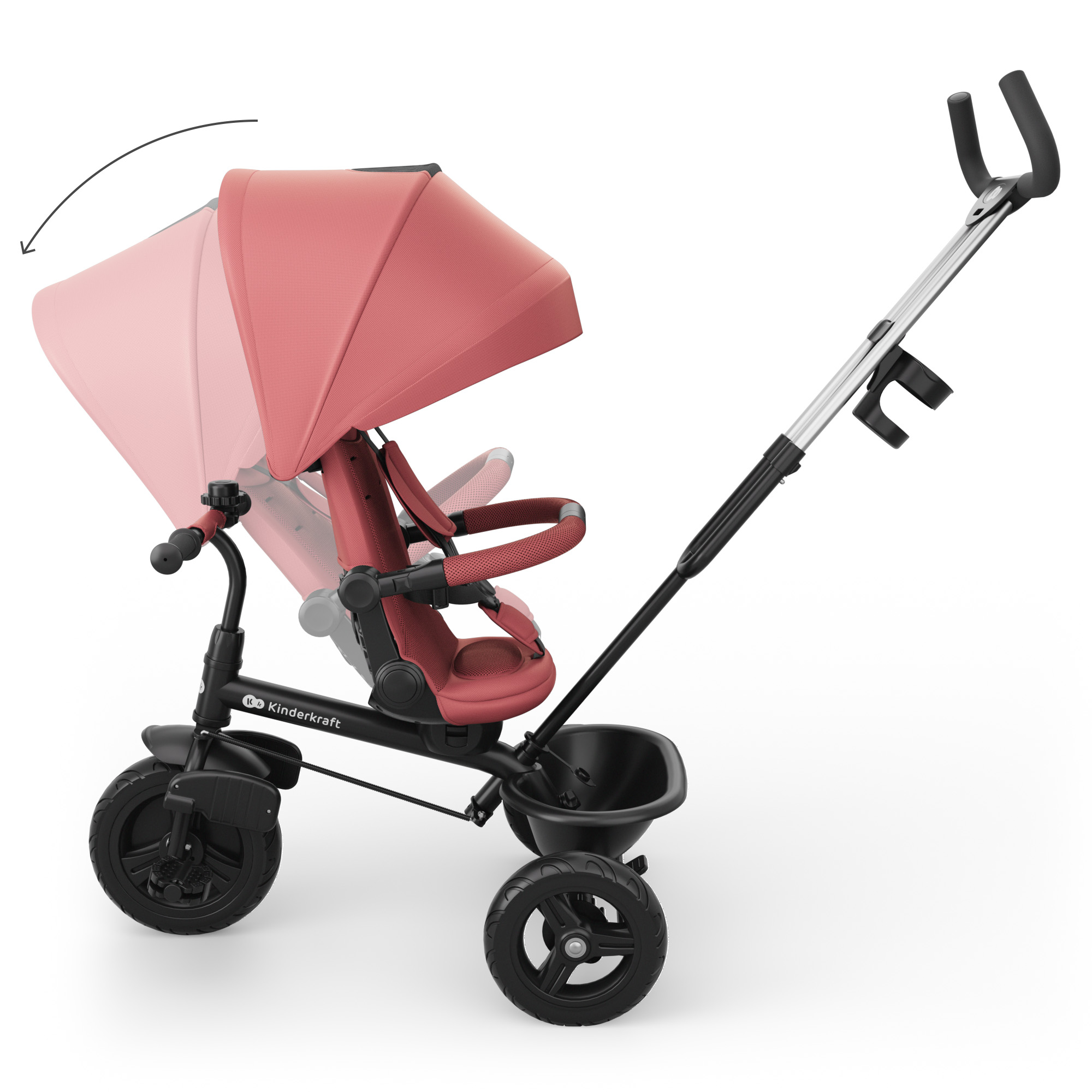 Triciclo rosa coral con capota y manillar regulables.