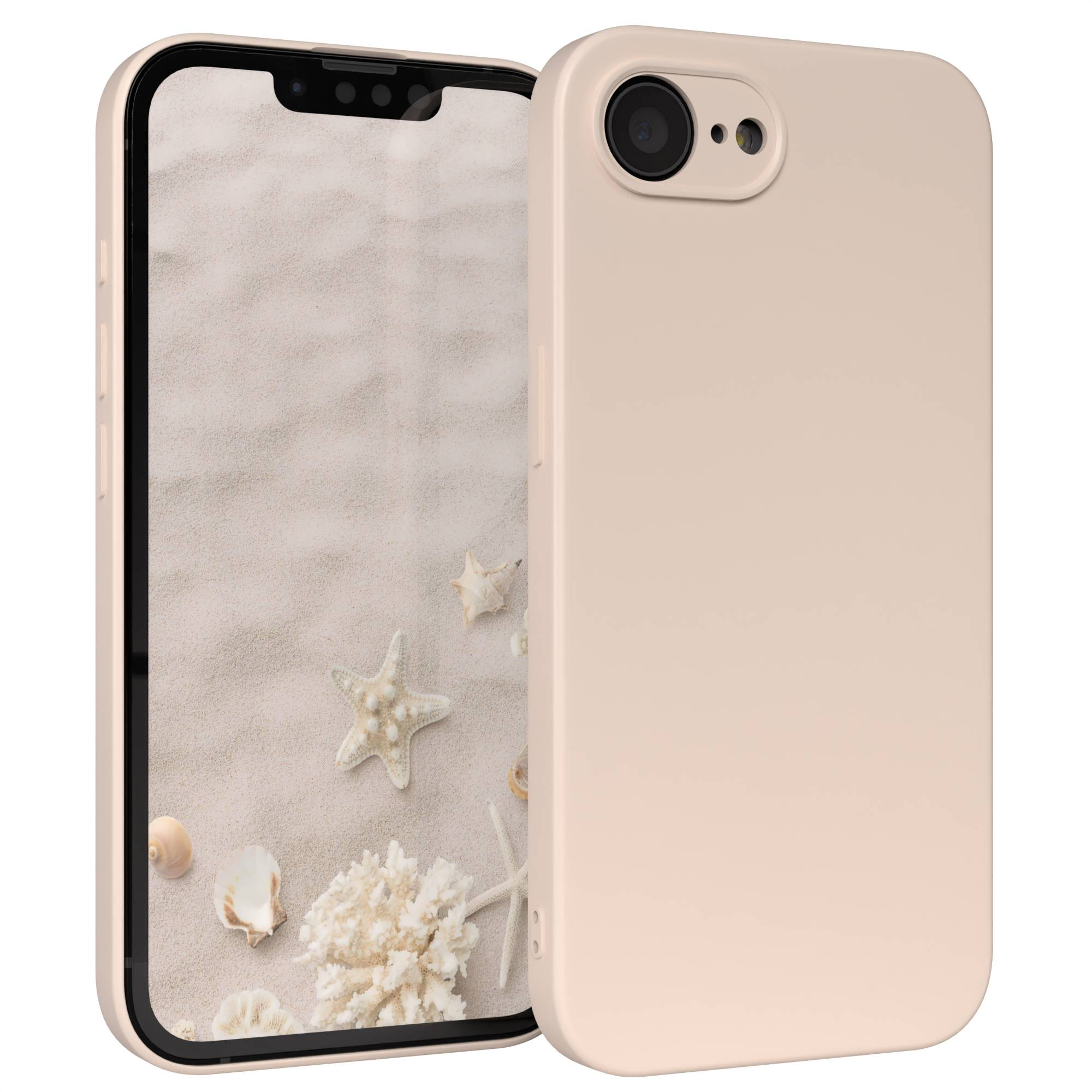 Ein hellbeiges Handy mit Kamera und Muscheldekor auf dem Bildschirm.