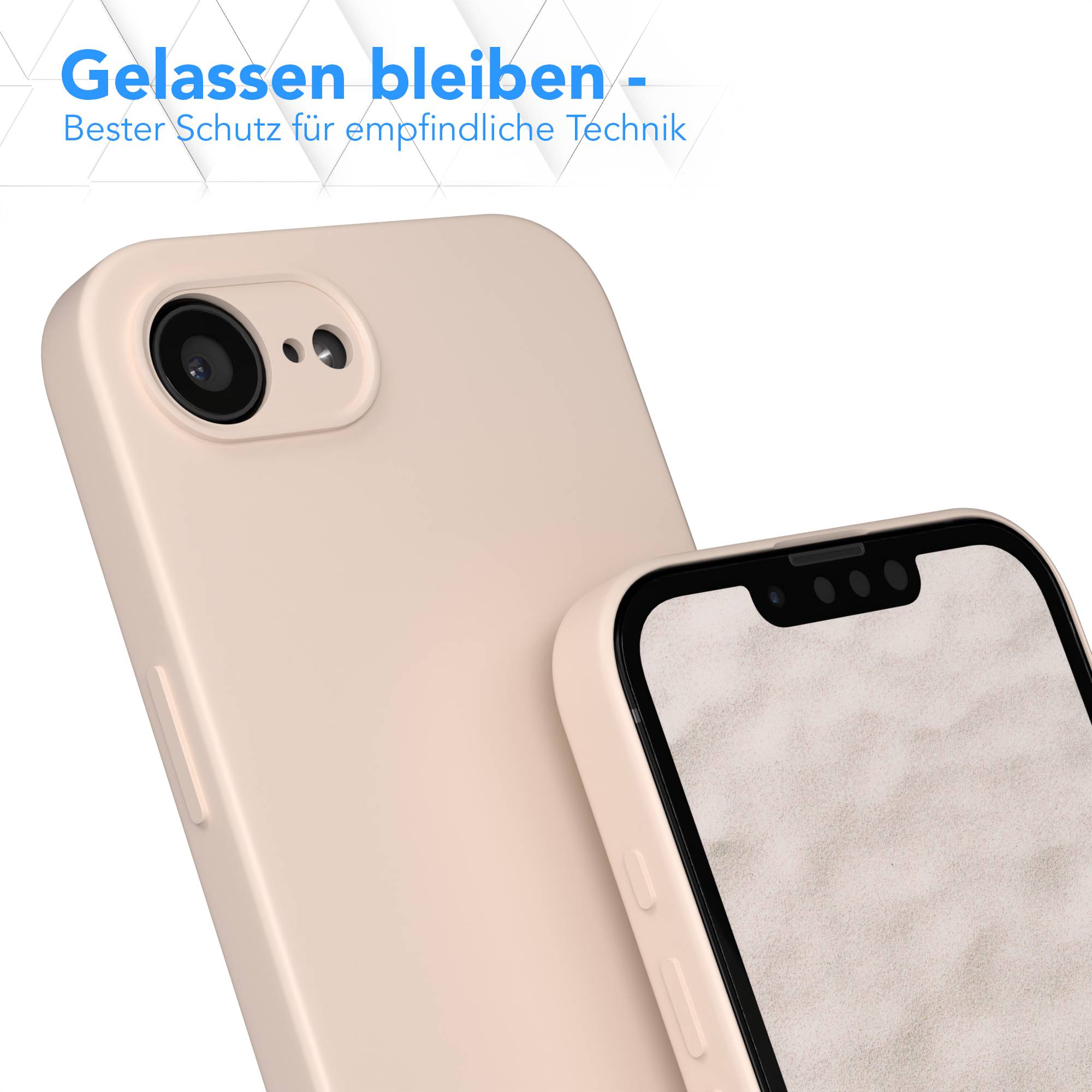 Ein hellrosa Handy mit einer Kamera auf der Rückseite und einer Kerbe auf der Vorderseite.