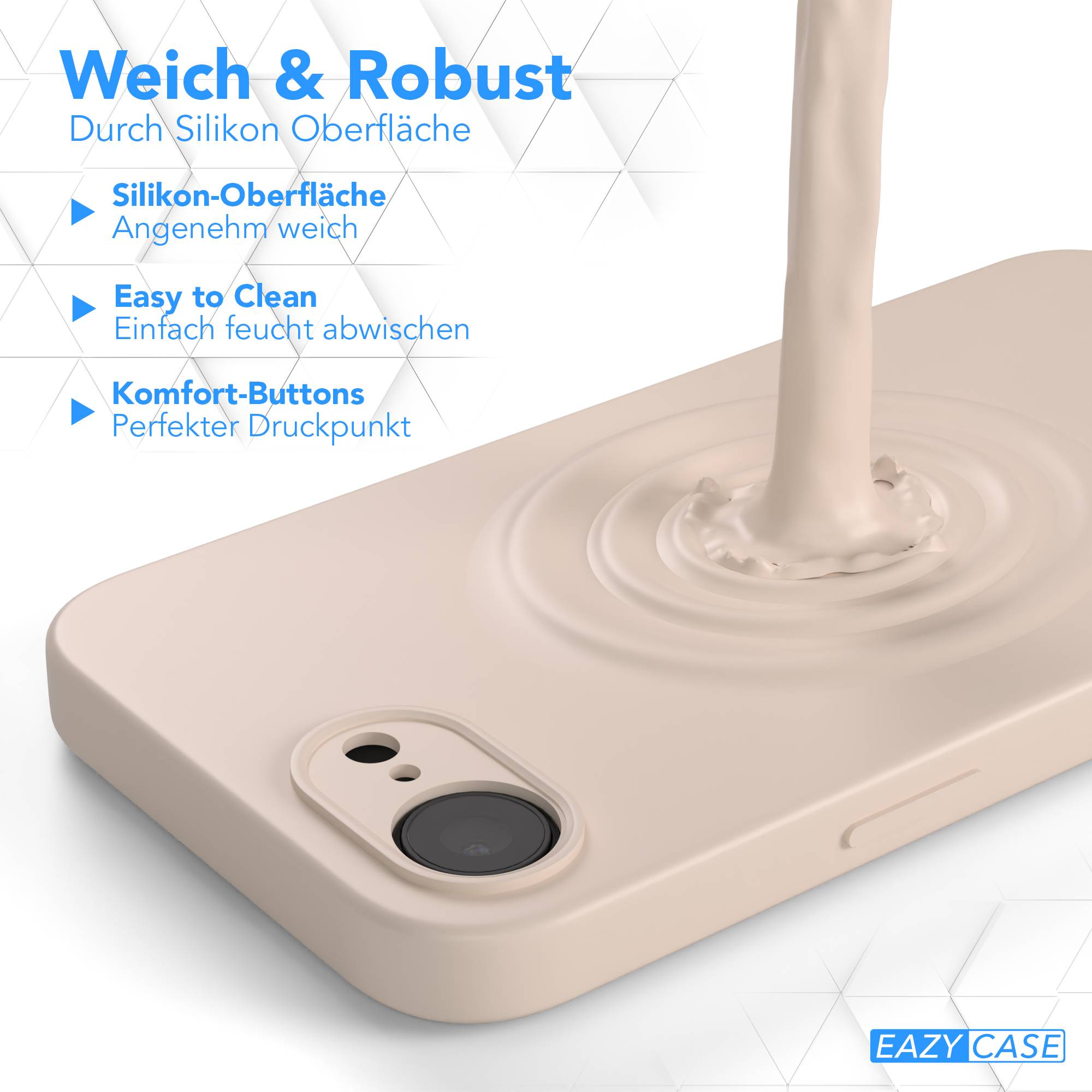Eine beige Hülle wird mit cremefarbener Flüssigkeit übergossen. Text hebt hervor: Weich & Robust.