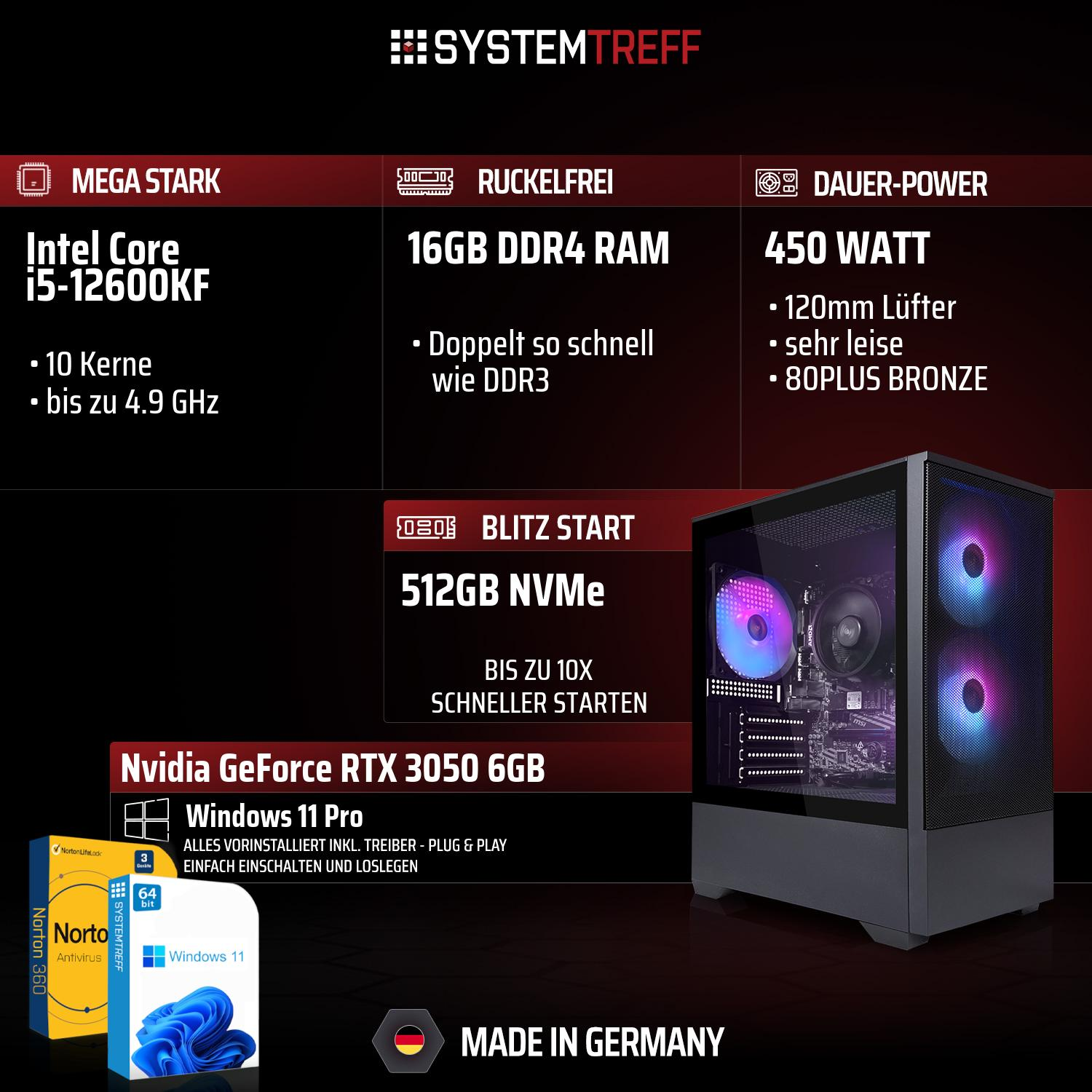 Ein Gaming-PC mit Intel Core i5, 16GB RAM, 512GB NVMe, RTX 3050, Windows 11.