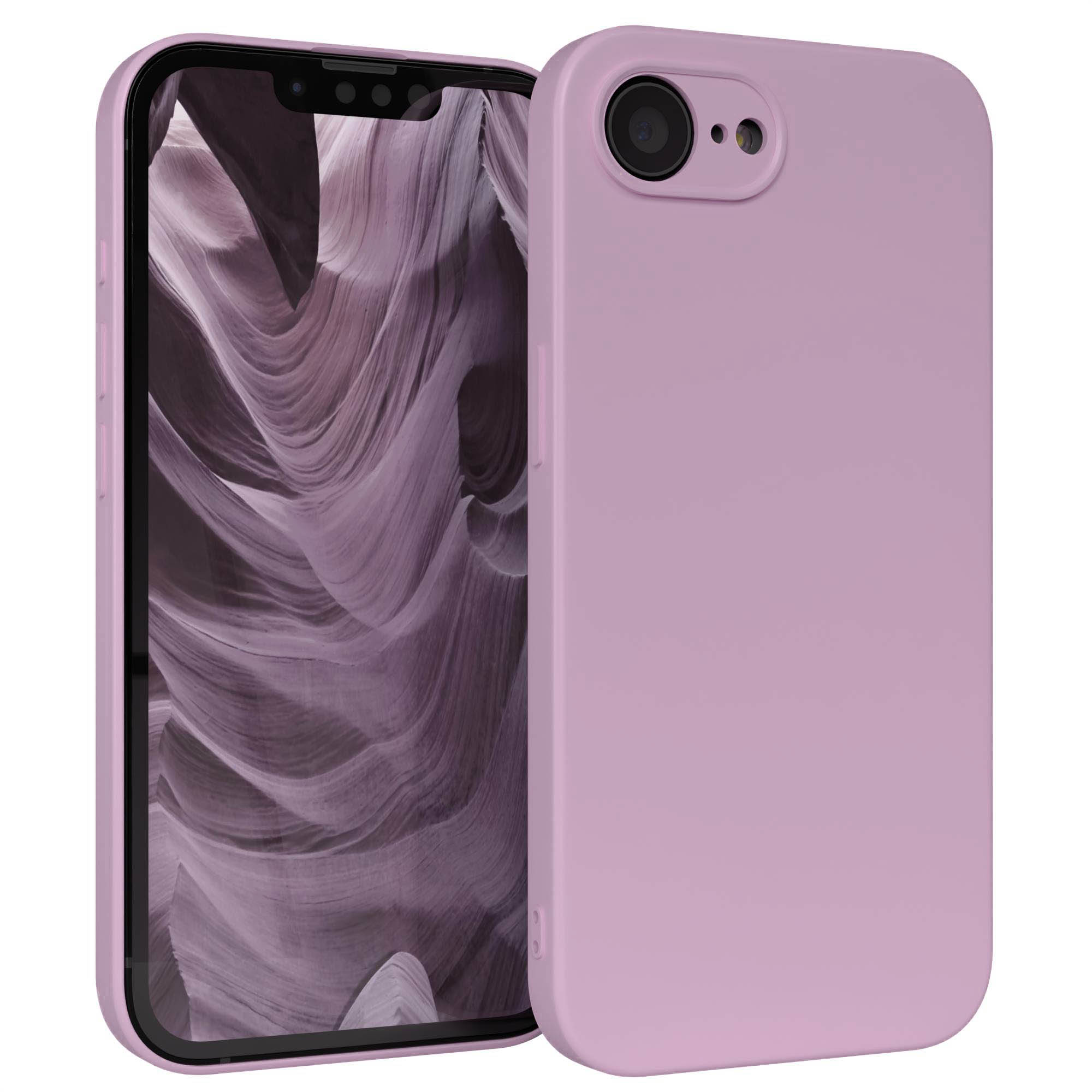 Ein hellrosa Smartphone mit einem lila Hintergrundbild. Die Rückseite zeigt eine Kamera.