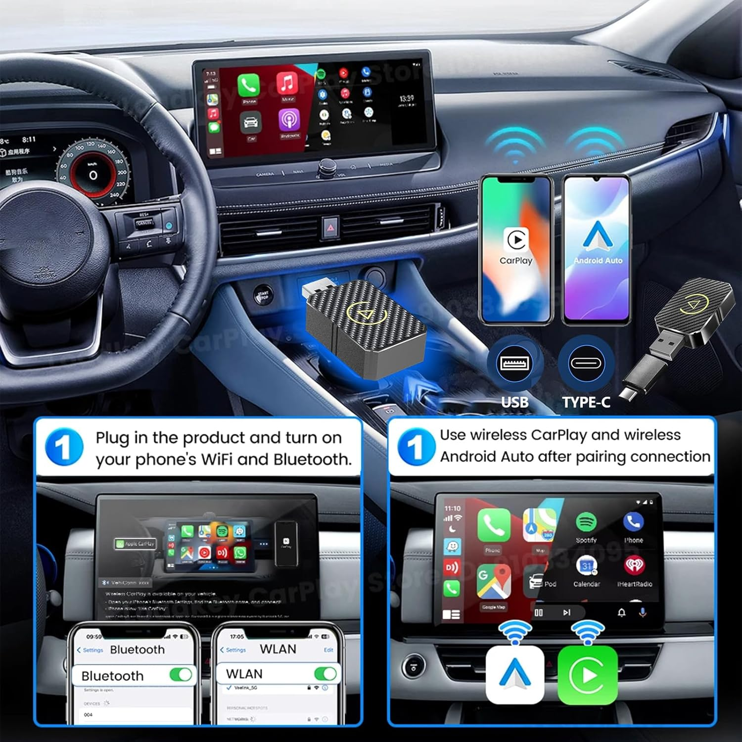 Auto-Innenraum mit Infotainmentsystem und Anleitung für CarPlay/Android Auto.