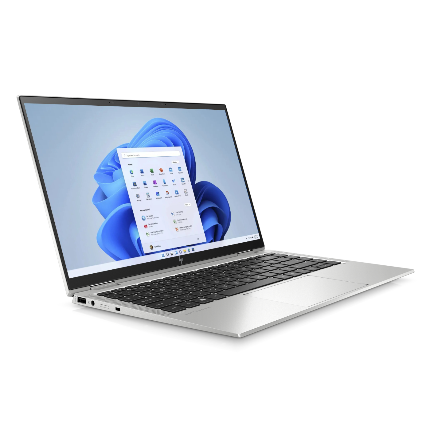 Silberner HP Elitebook Laptop geöffnet, zeigt Windows 11 Startmenü auf dem Bildschirm.
