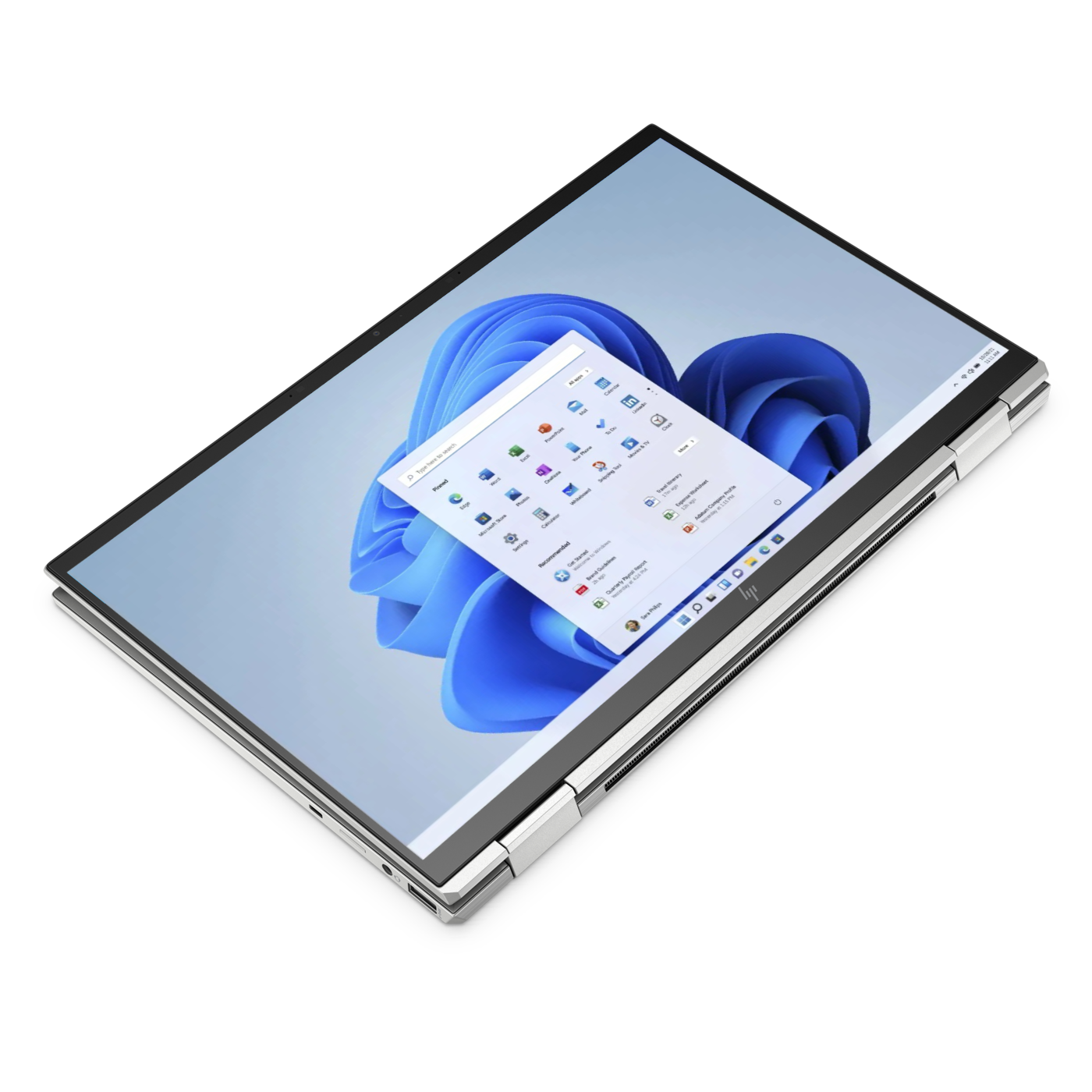 Ein geöffneter Laptop mit Windows 11 und dem Startmenü. Der Hintergrund zeigt ein blaues Wellenmuster.