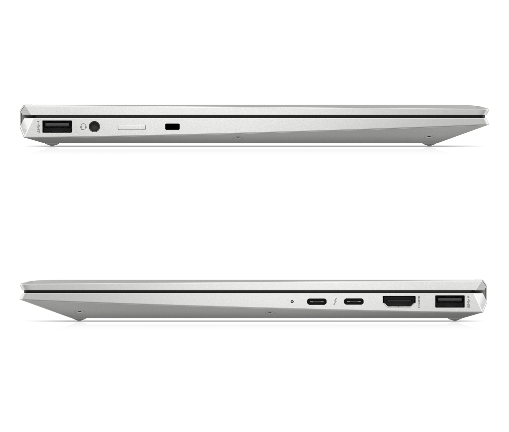 Seite eines weißen Laptops mit Anschlüssen: USB-A, Kopfhörer, SD-Karte, USB-C, HDMI.