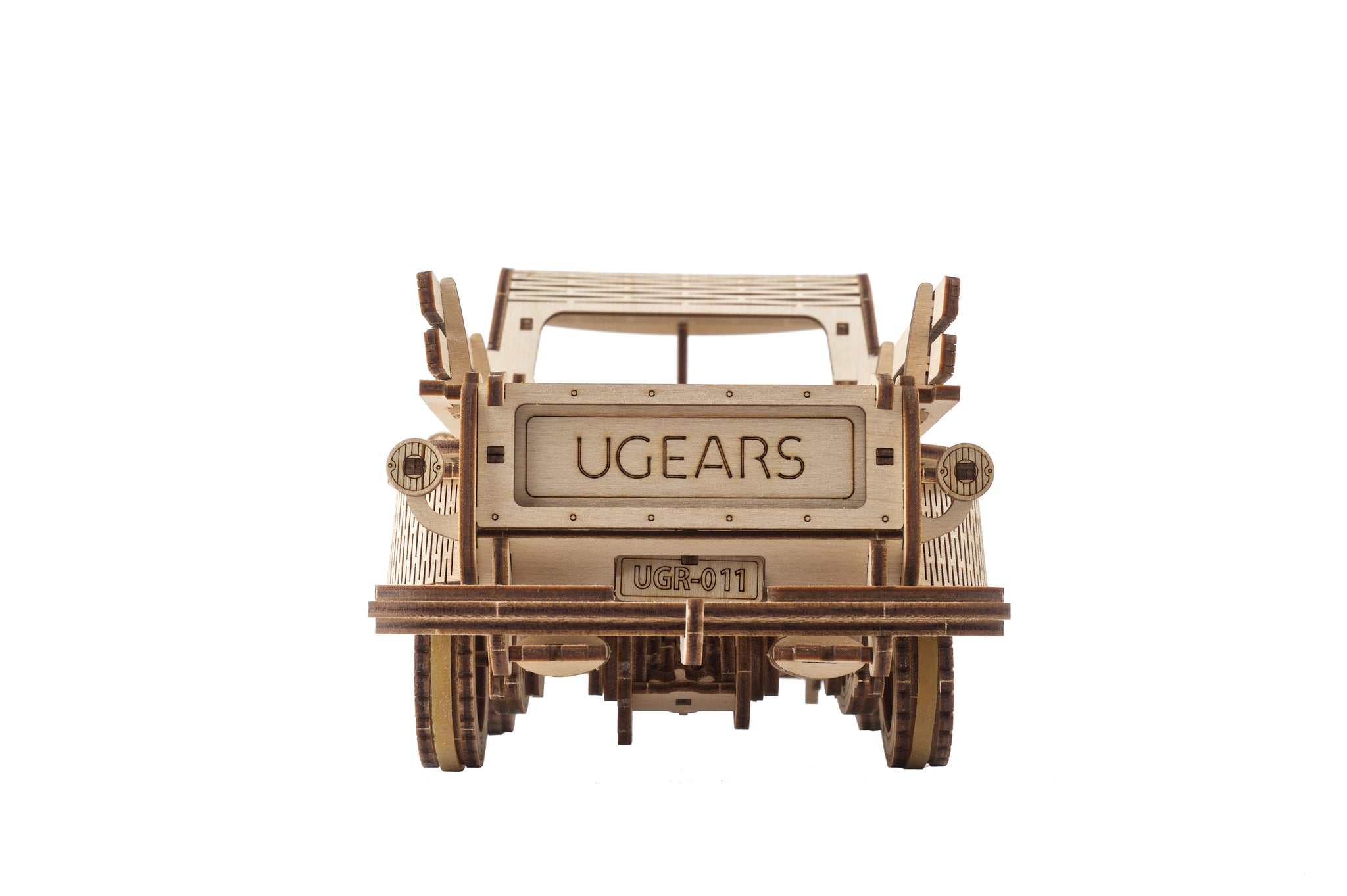 Hölzernes UGEARS-LKW-Modell, Rückansicht. Modellnummer UGR-011.