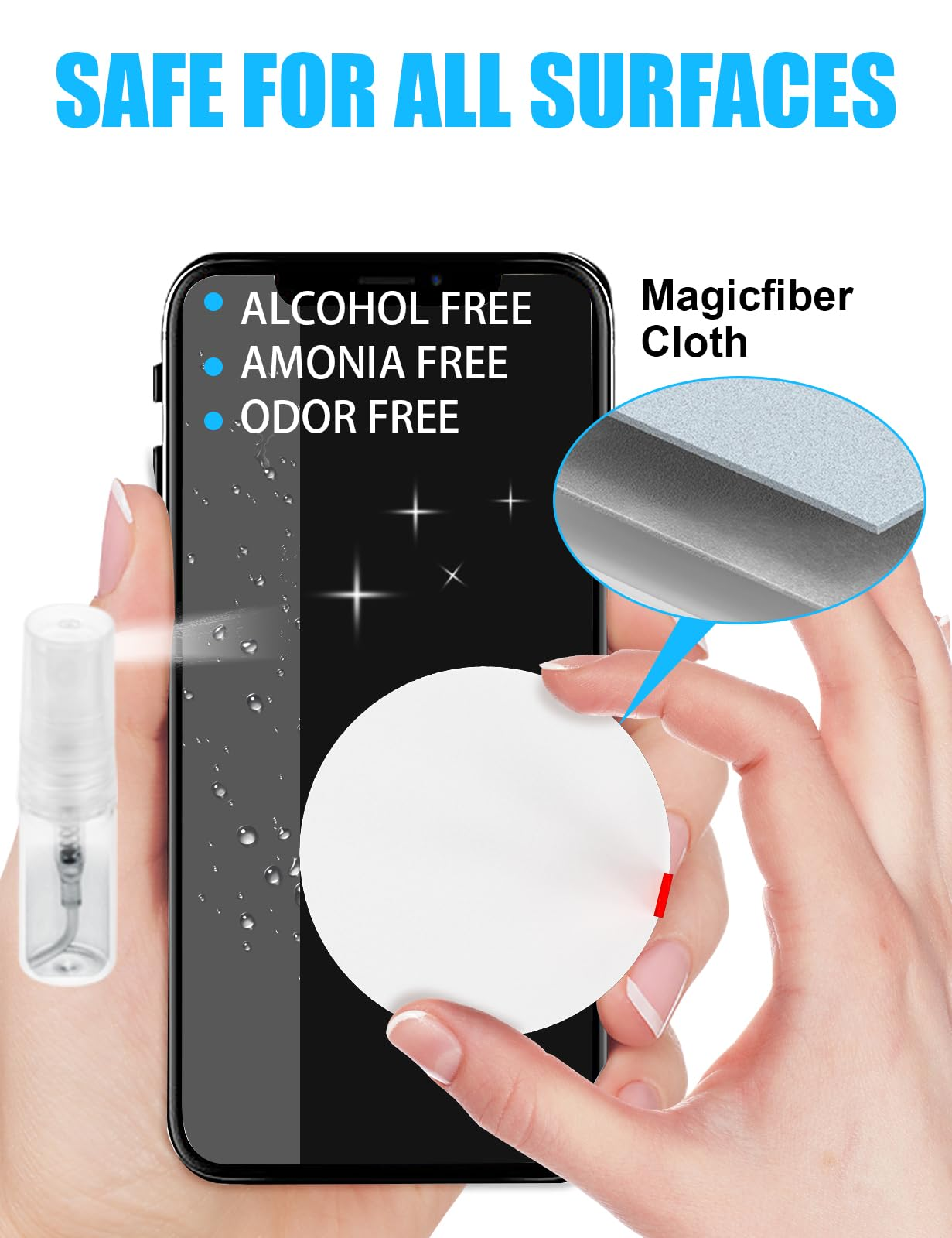 Ein Sprühfläschchen sprüht auf ein Smartphone, das mit "SAFE FOR ALL SURFACES" wirbt.