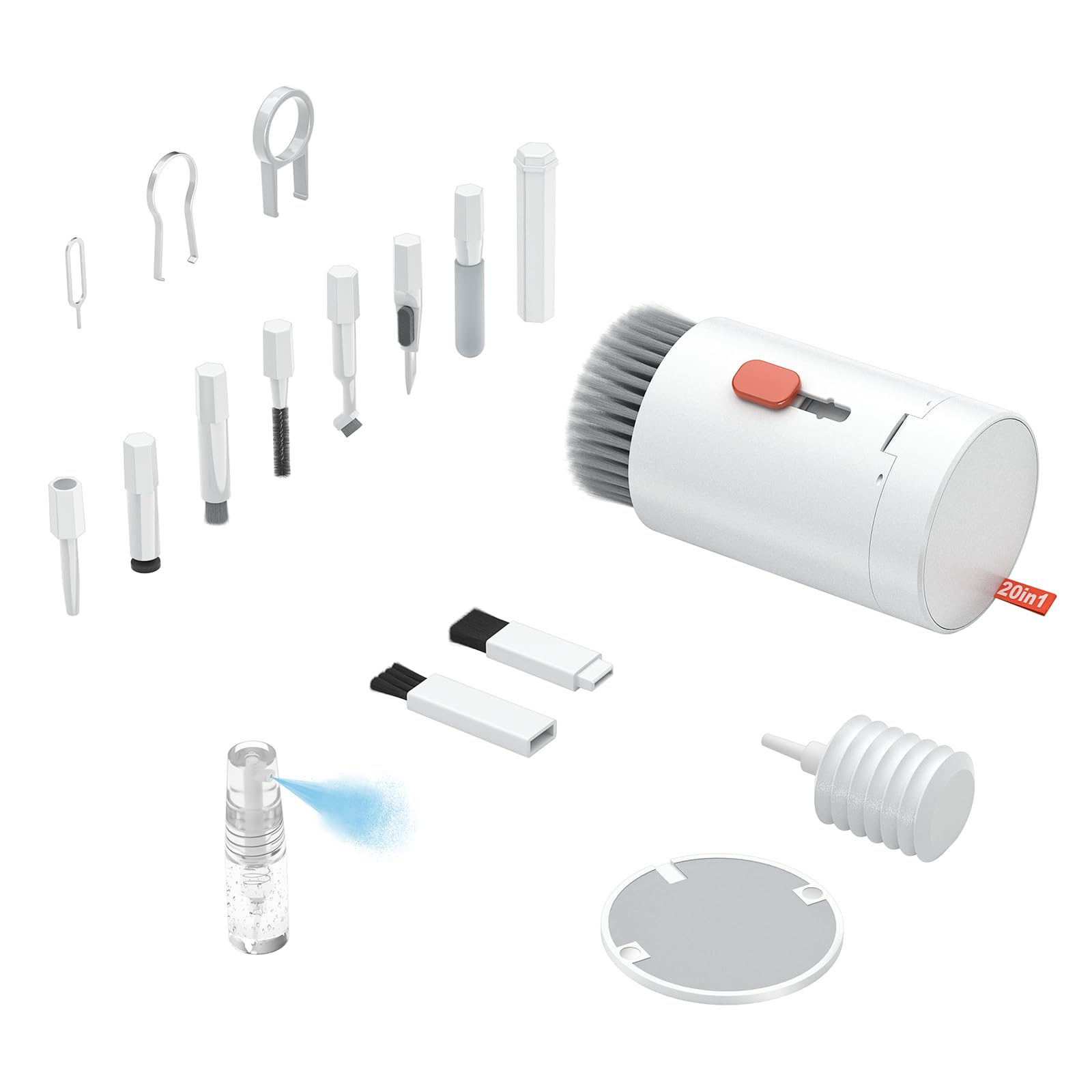 Ein weißes 20-in-1-Reinigungsset mit Bürsten, Sprühflasche, Pinzette und Luftbalg.
