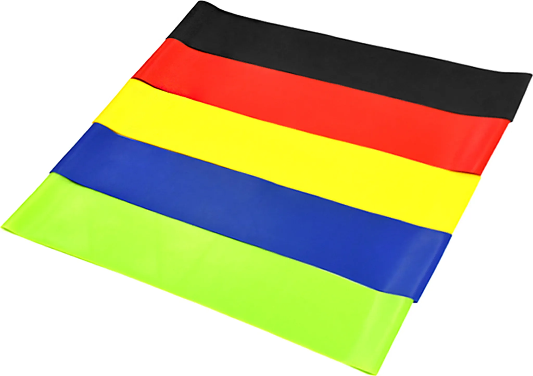 Fünf bunte Widerstandsbänder liegen übereinander: schwarz, rot, gelb, blau, grün.