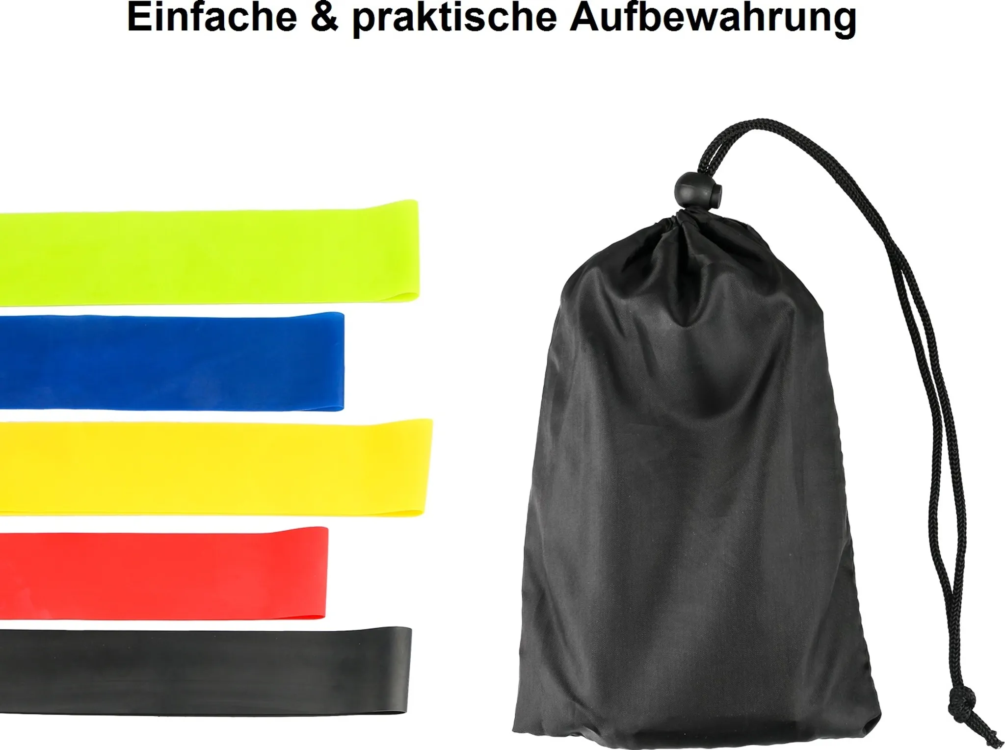 Fünf farbige Widerstandsbänder liegen nebeneinander, daneben eine schwarze Tasche.