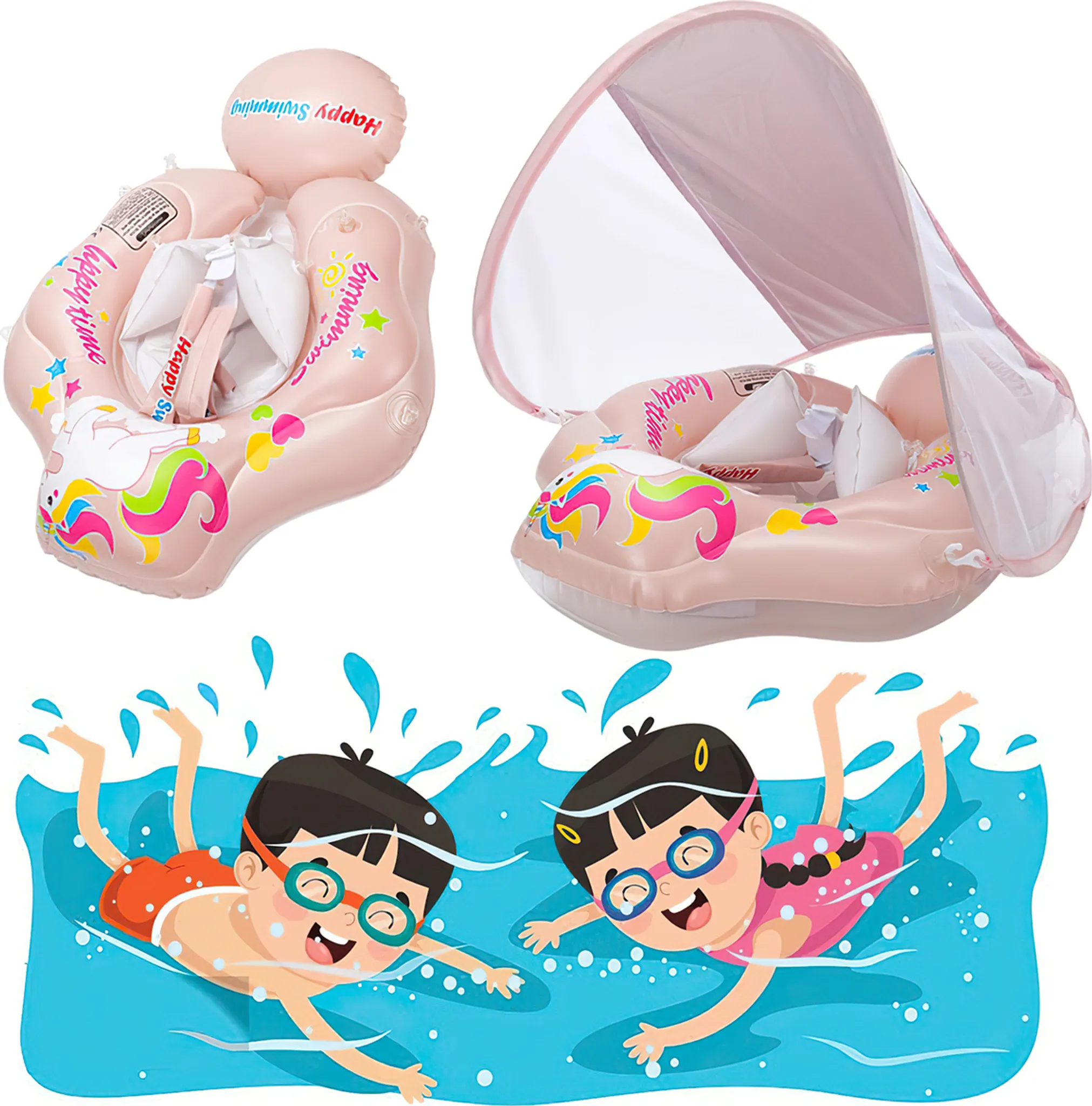 Zwei aufblasbare Schwimmhilfen mit Einhorn-Aufdruck und ein Sonnendach. Zwei Kinder schwimmen im blauen Wasser.