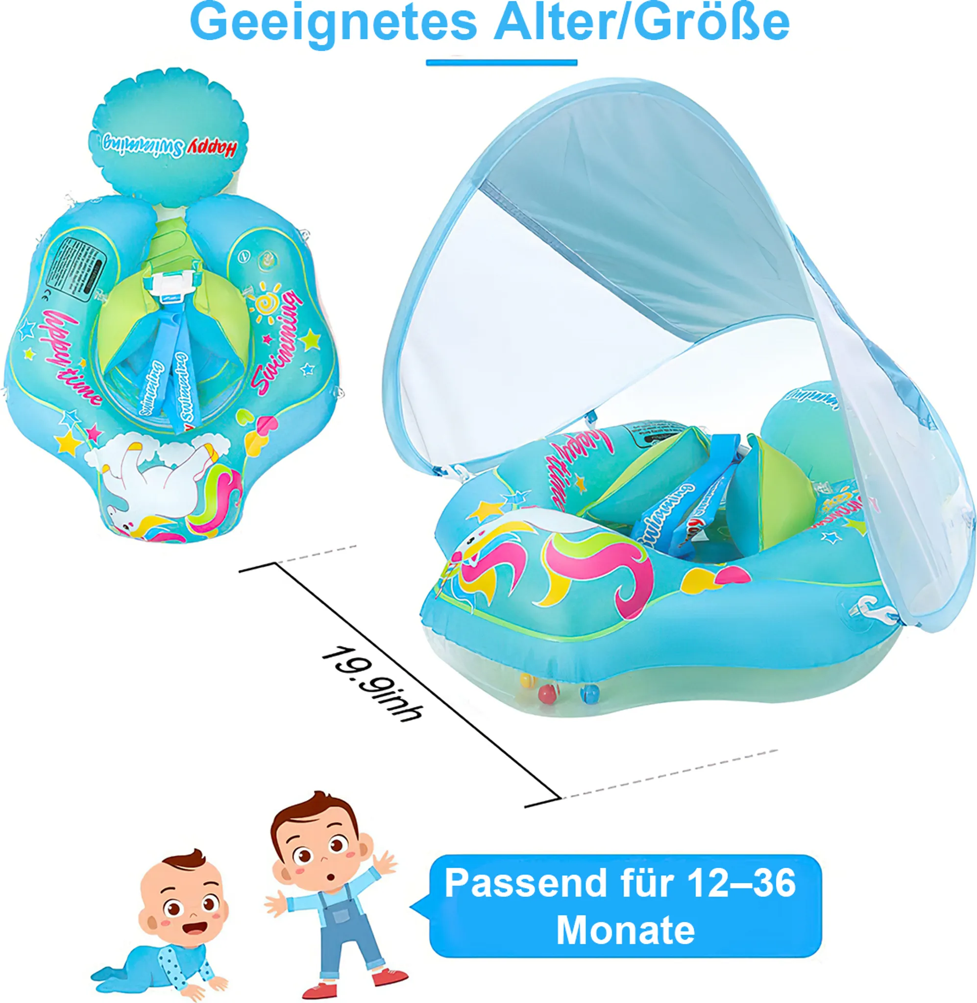 Blauer Schwimmring mit Sonnendach, Einhorn-Motiv, für 12-36 Monate.